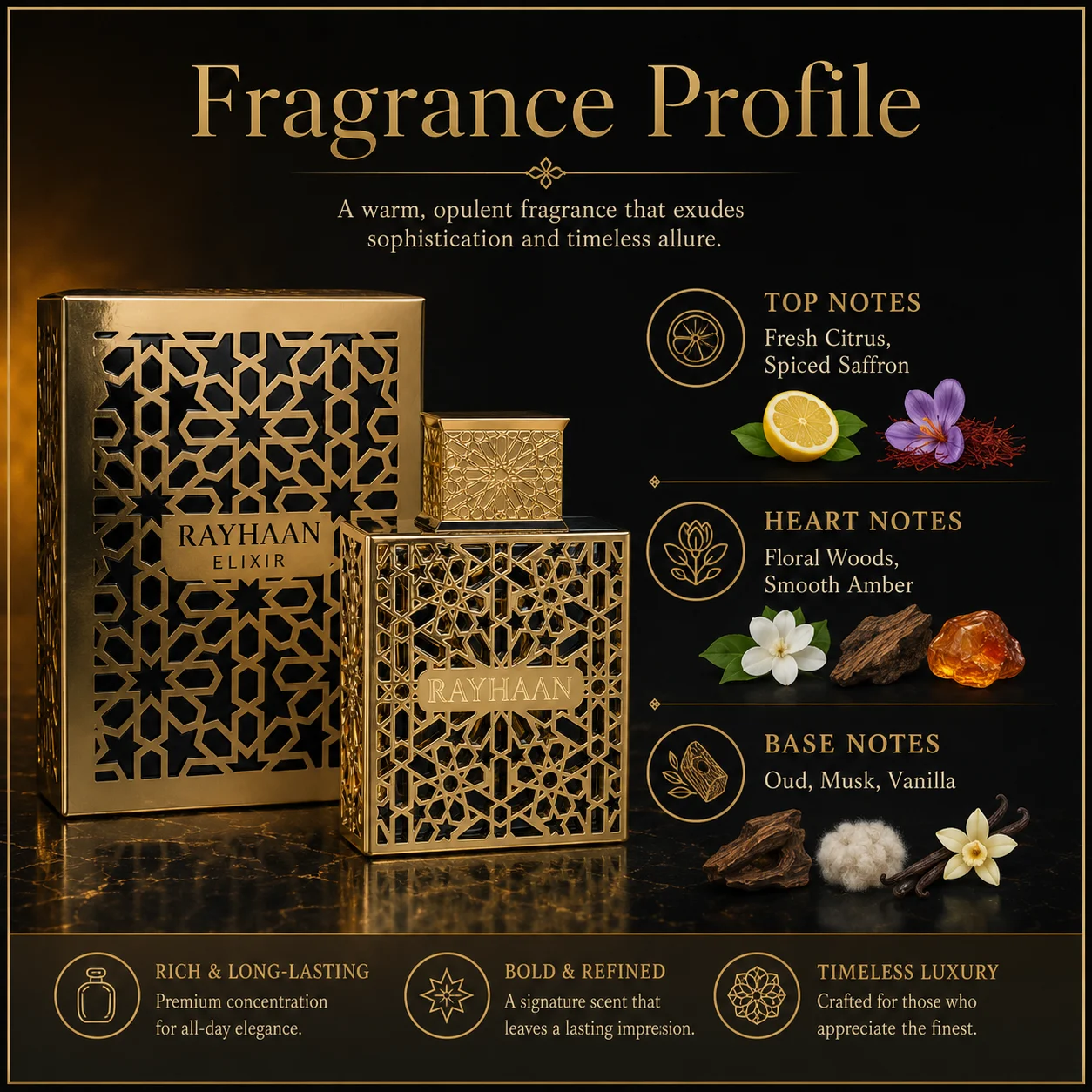 Luxury Gold Hollow Metal Rayhaan Elixir Mens Cologne Long Lasting Arabic Oriental Elixir Scent Men Perfume Gift Box For Men Holiday Birthday Present