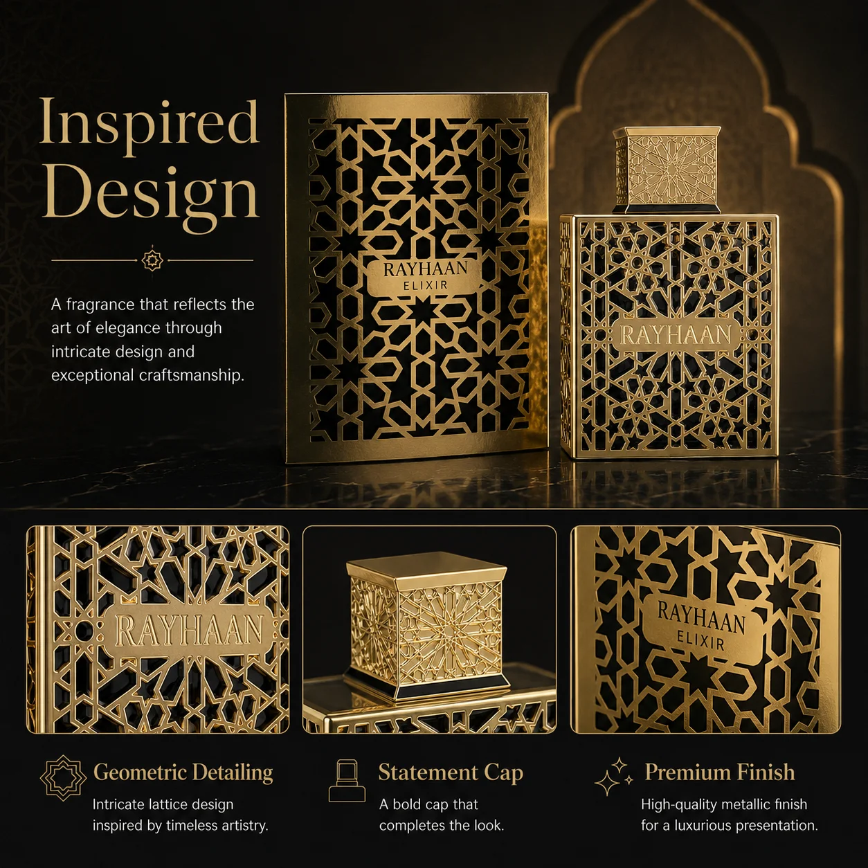 Luxury Gold Hollow Metal Rayhaan Elixir Mens Cologne Long Lasting Arabic Oriental Elixir Scent Men Perfume Gift Box For Men Holiday Birthday Present