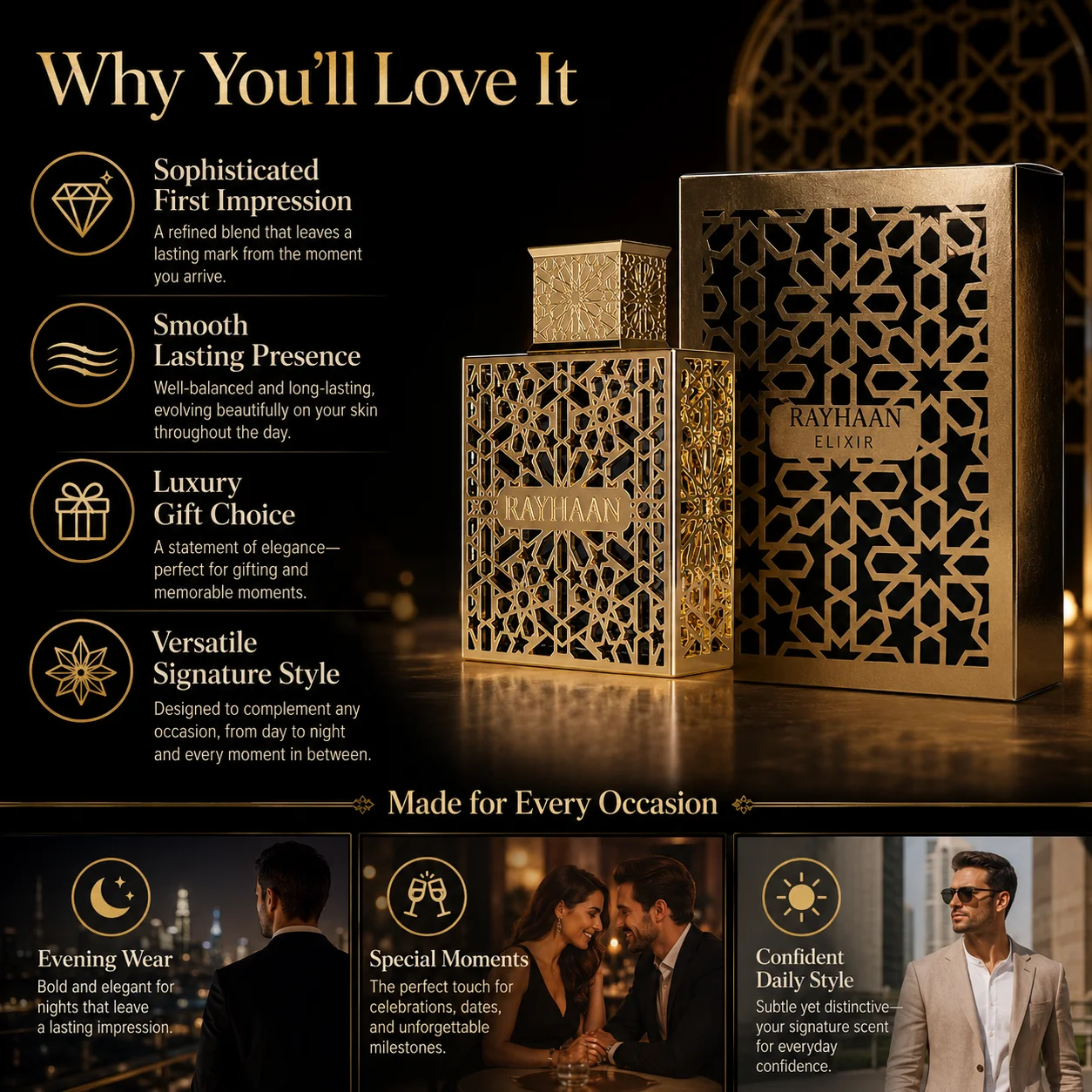 Luxury Gold Hollow Metal Rayhaan Elixir Mens Cologne Long Lasting Arabic Oriental Elixir Scent Men Perfume Gift Box For Men Holiday Birthday Present