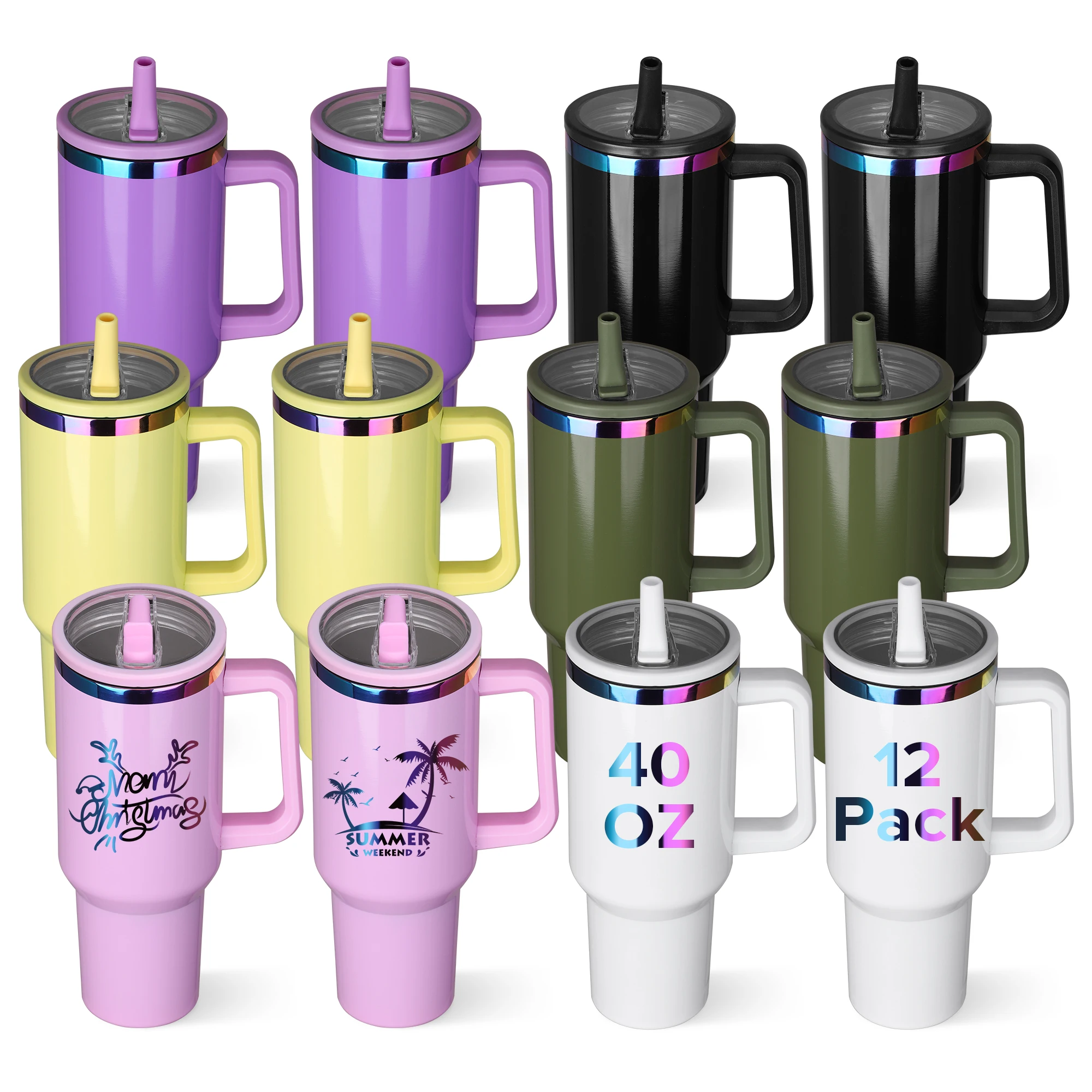 12 Pack 40 oz Rainbow Wide Mouth Tumbler with Handle, Suitable for Laser Engraving, Keeping Hot and Cold (Color Mixing)