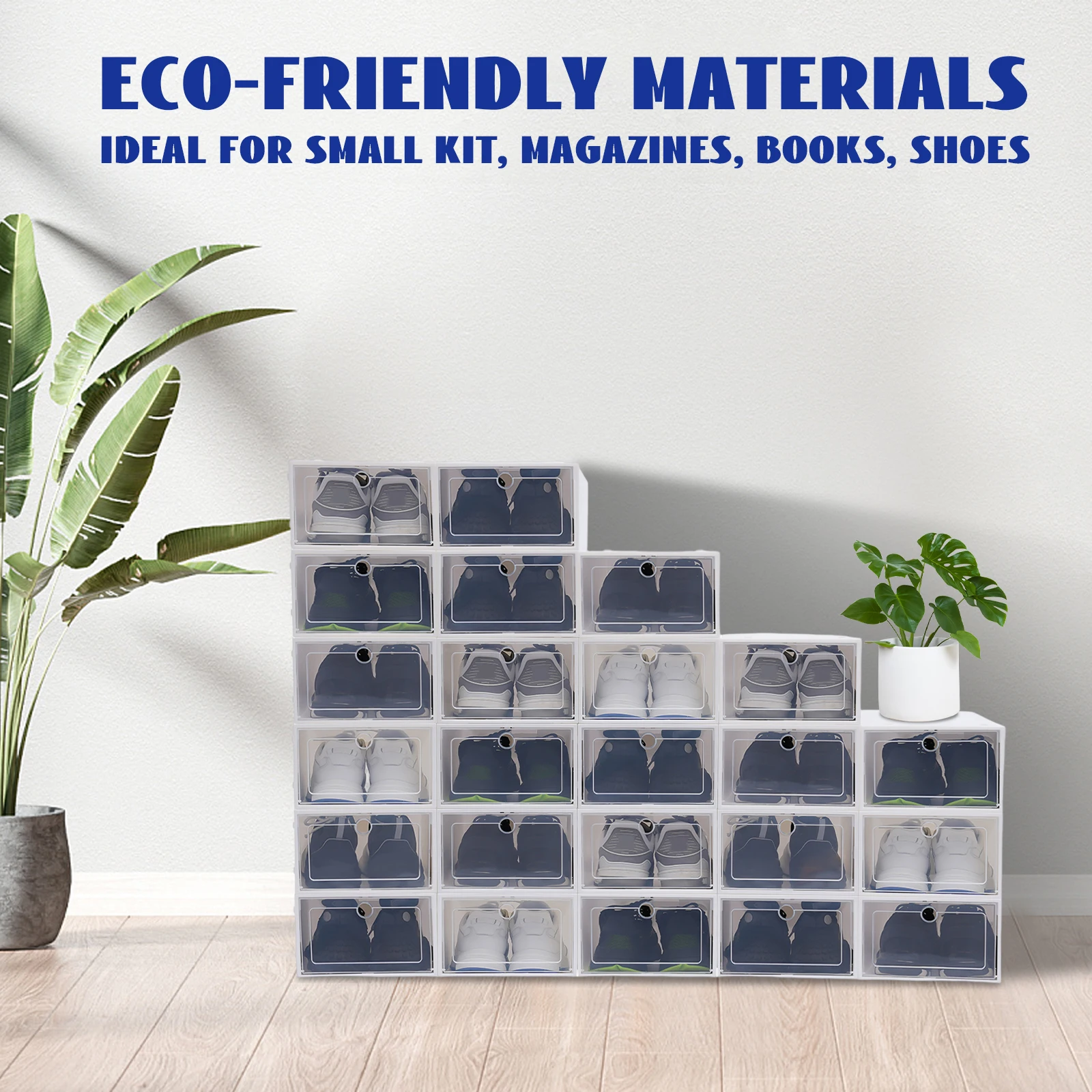 24 Pcs Stackable Shoe Storage Boxes, Clear Front Door & Ventilation Holes, Foldable Plastic Organizer for Shoes, Books