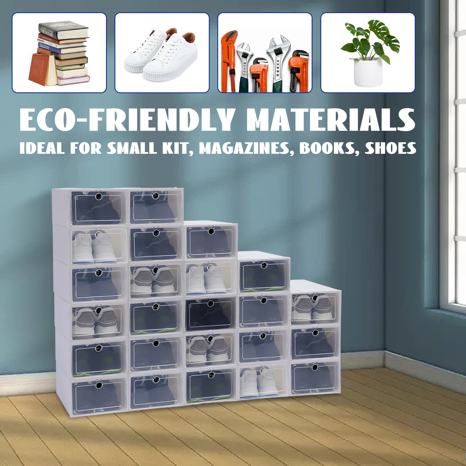 24 Pcs Stackable Shoe Storage Boxes, Clear Front Door & Ventilation Holes, Foldable Plastic Organizer for Shoes, Books