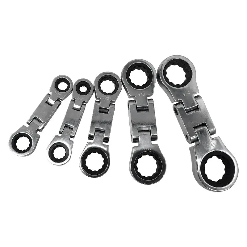 5pcs SAE Dual Flex Head Ratcheting Wrench Set, Double Box End, Flex-Head, Stubby SAE Combination Wrench Set