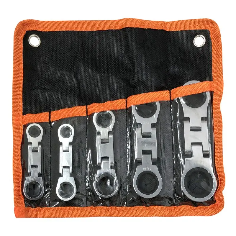5pcs SAE Dual Flex Head Ratcheting Wrench Set, Double Box End, Flex-Head, Stubby SAE Combination Wrench Set