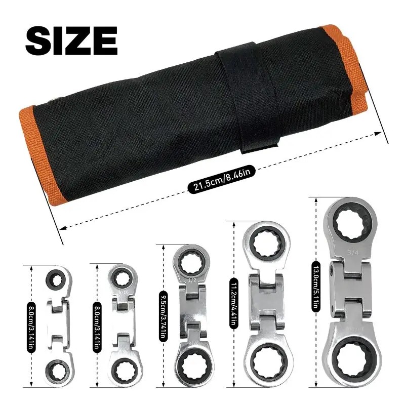 5pcs SAE Dual Flex Head Ratcheting Wrench Set, Double Box End, Flex-Head, Stubby SAE Combination Wrench Set