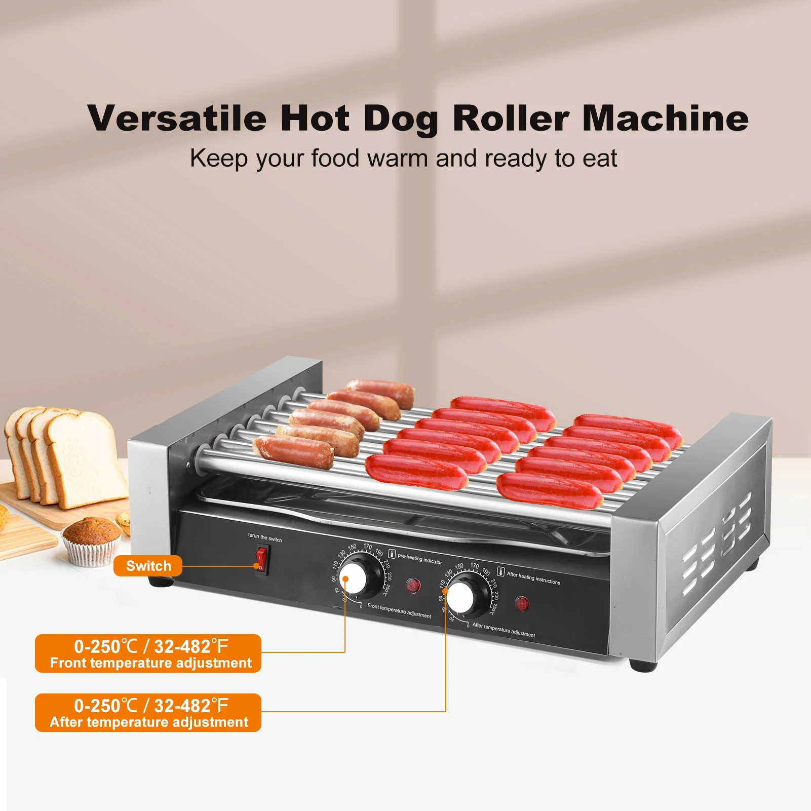 1200W 110V Hotdog Machine 17 Hot Dogs Capacity Sausage Roller Sausage Grill Cooker with Removable Oil Drip Tray, Double Temp Control for Kitchen