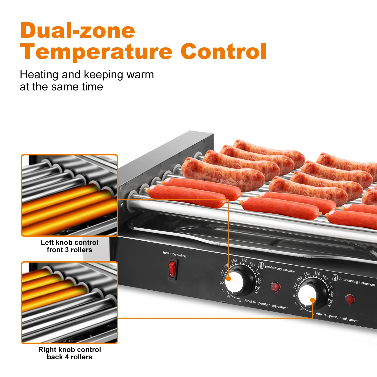 1200W 110V Hotdog Machine 17 Hot Dogs Capacity Sausage Roller Sausage Grill Cooker with Removable Oil Drip Tray, Double Temp Control for Kitchen