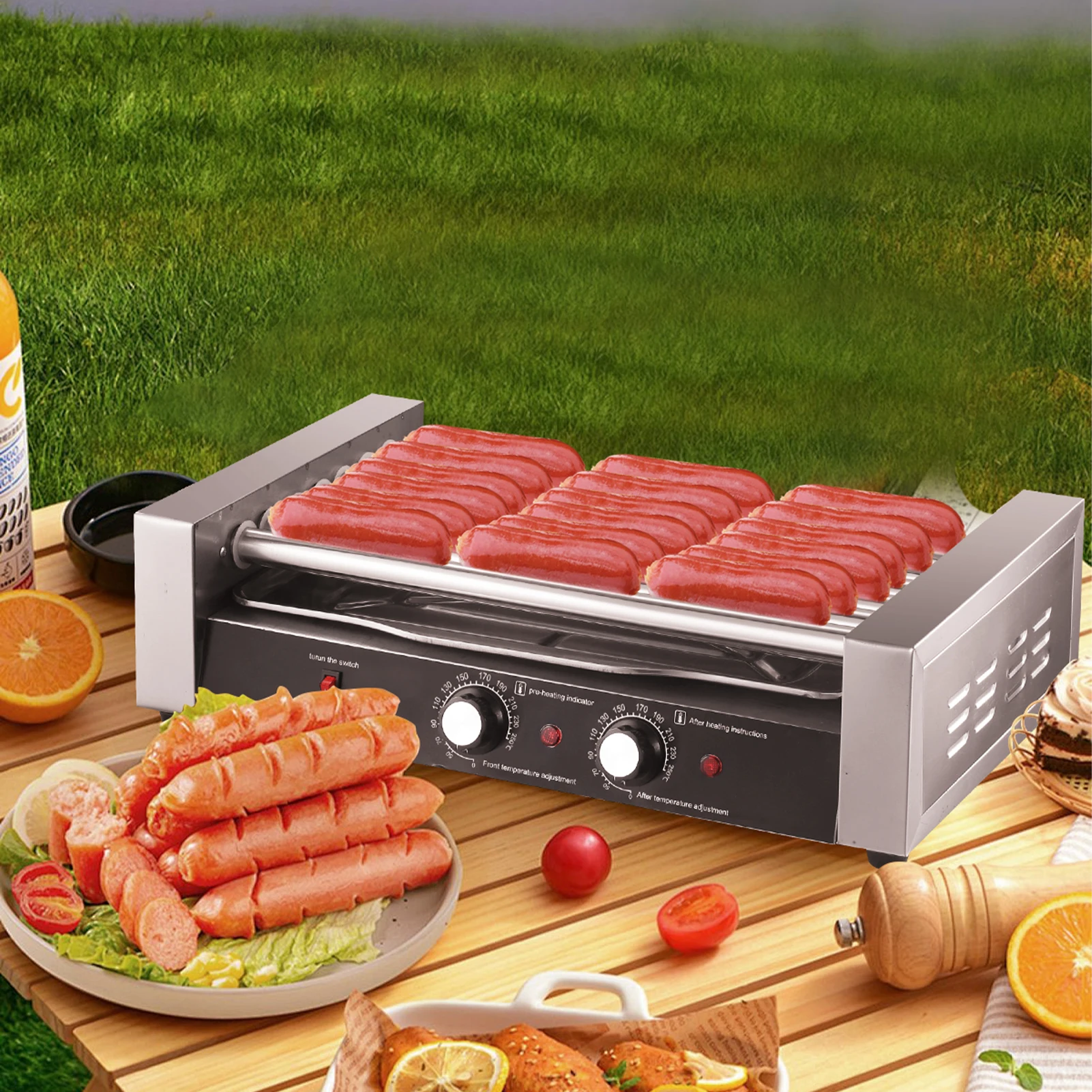 1200W 110V Hotdog Machine 17 Hot Dogs Capacity Sausage Roller Sausage Grill Cooker with Removable Oil Drip Tray, Double Temp Control for Kitchen