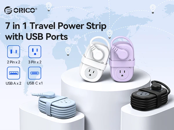 ORICO Travel Power Strip with USB C 4 Outlets 3 USB Ports 1 Type C 4FT Wrapped Extension Cord Non Surge Protector Cruise Ship Approved Wall Mountable Flat Plug ETL Listed for Home Office Dorm