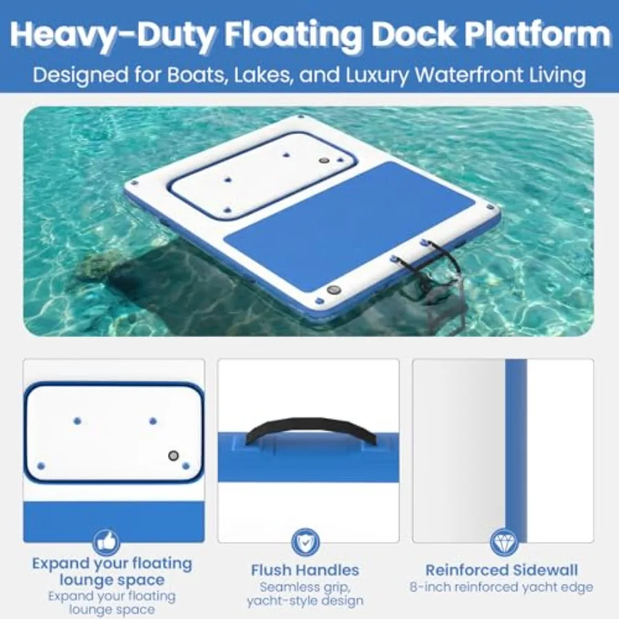 Inflatable Floating Dock Series for lake use, EVA non-slip deck material, gray color, ultra-stable mesh swim net design