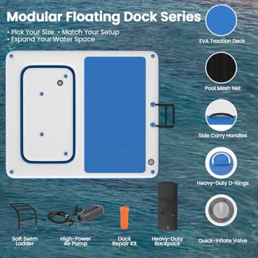 Inflatable Floating Dock Series for lake use, EVA non-slip deck material, gray color, ultra-stable mesh swim net design