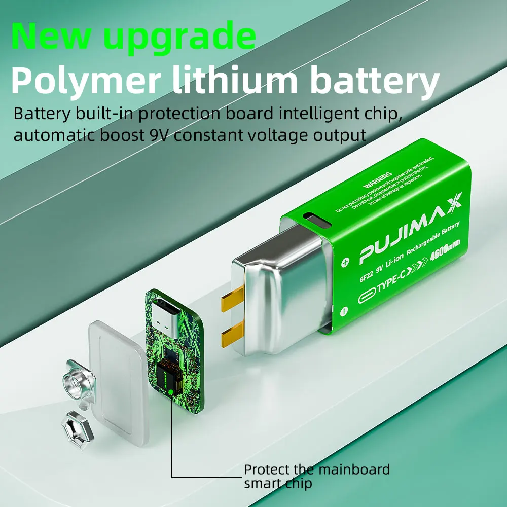 PUJIMAX USB 9V Rechargeable Battery 4600mWh Type-C Rechargeable 6F22 9V Li-ion Battery for RC Helicopeter Model Multimeter Toy