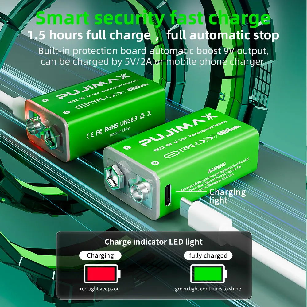 PUJIMAX USB 9V Rechargeable Battery 4600mWh Type-C Rechargeable 6F22 9V Li-ion Battery for RC Helicopeter Model Multimeter Toy