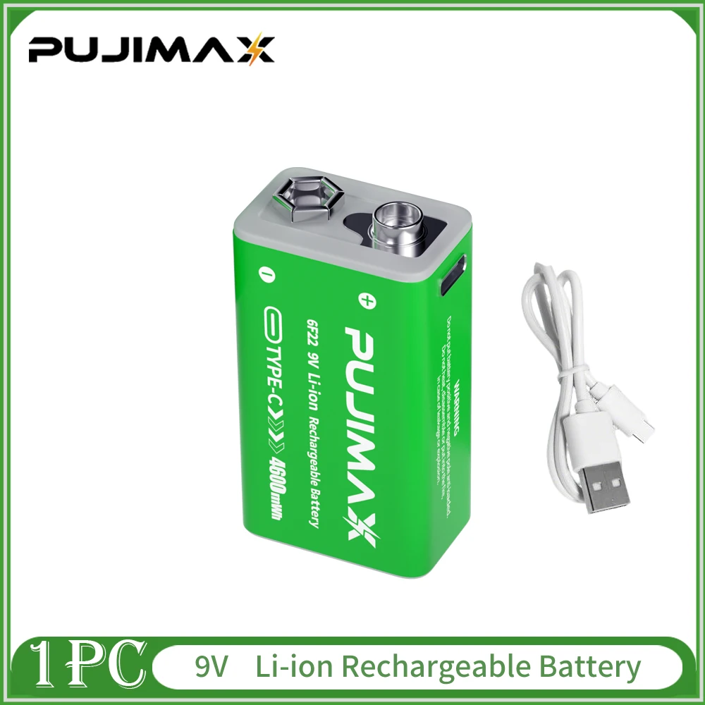 PUJIMAX USB 9V Rechargeable Battery 4600mWh Type-C Rechargeable 6F22 9V Li-ion Battery for RC Helicopeter Model Multimeter Toy