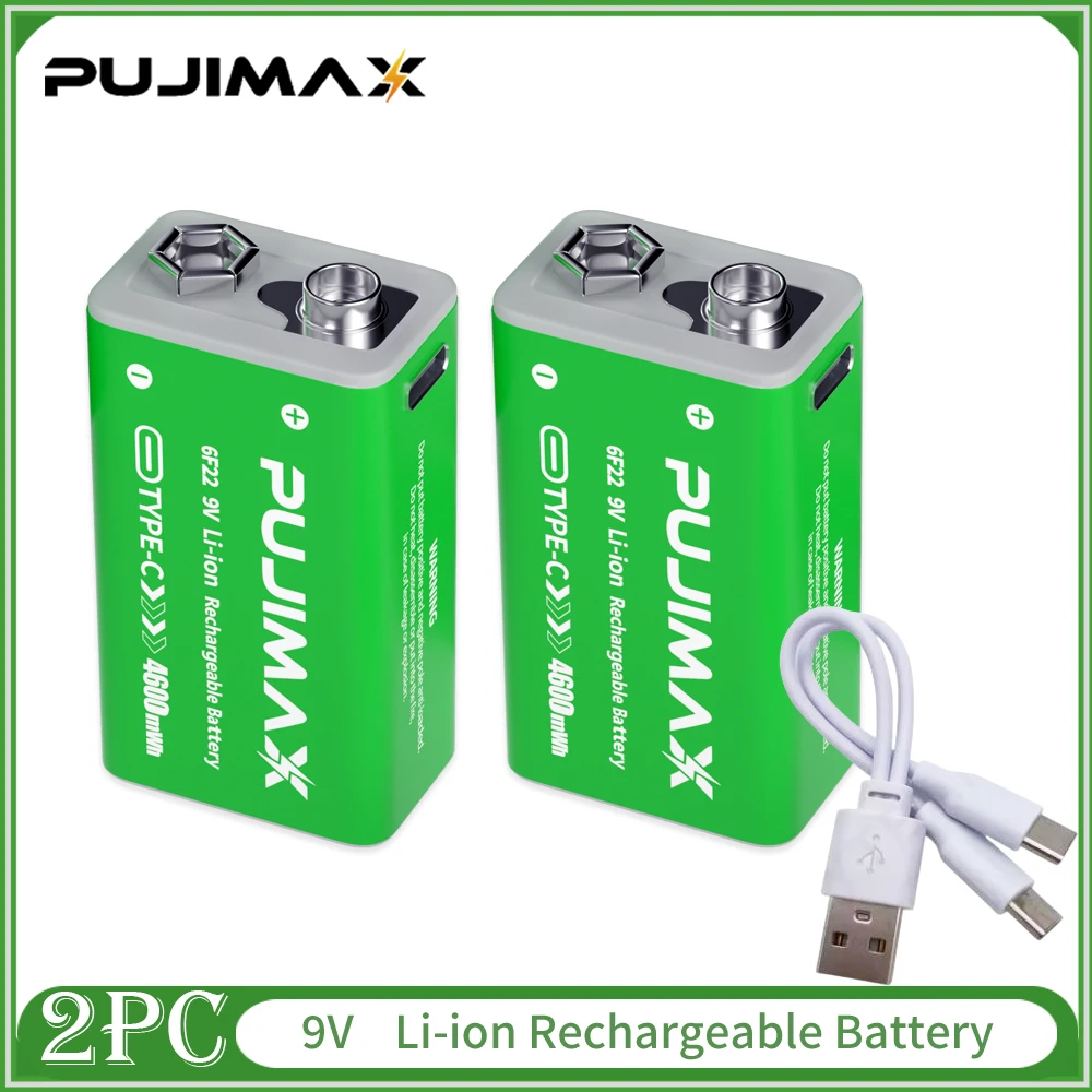 PUJIMAX USB 9V Rechargeable Battery 4600mWh Type-C Rechargeable 6F22 9V Li-ion Battery for RC Helicopeter Model Multimeter Toy