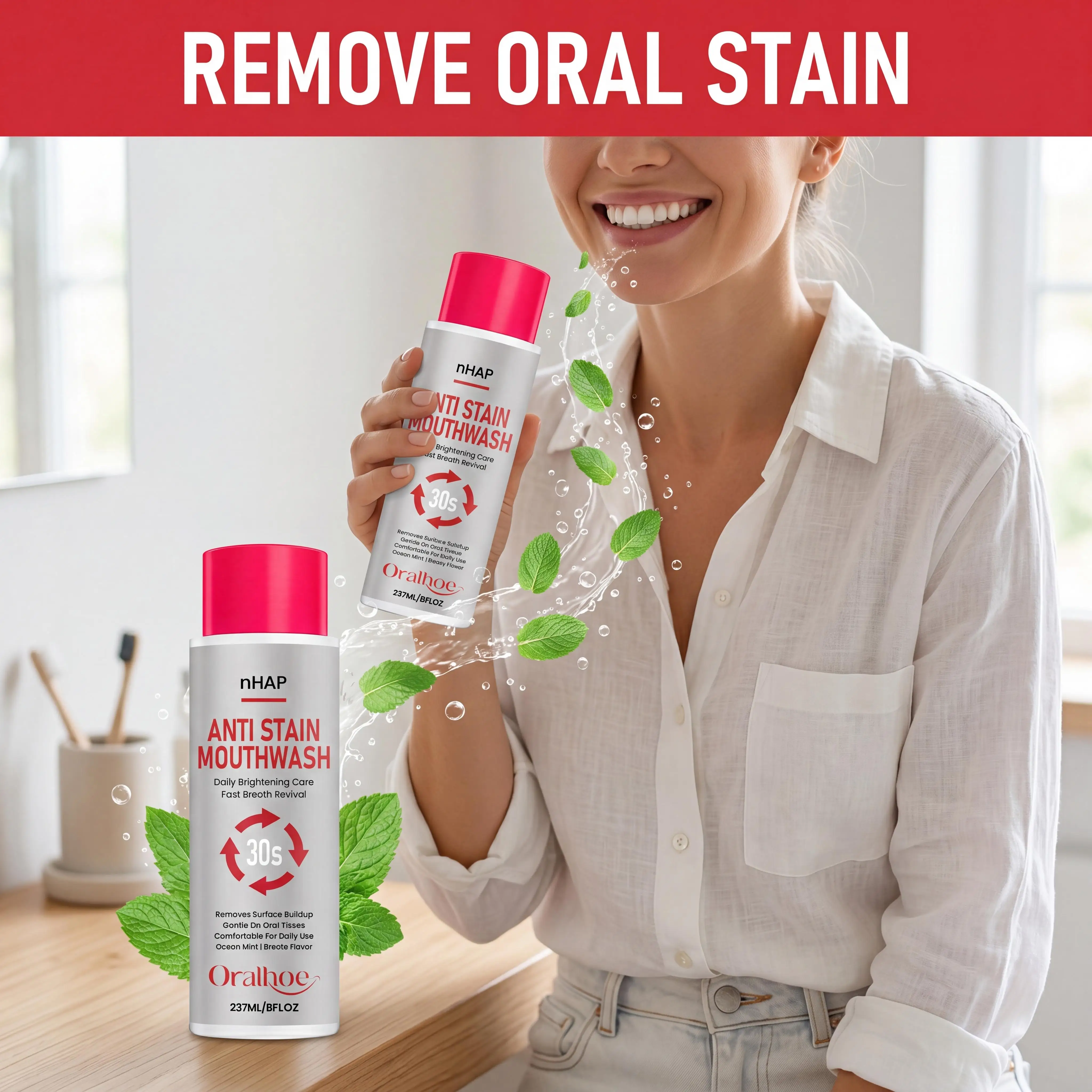 Oralhoe Teeth Whitening Mouthwash Remove Tooth Stains Gentle Mild Cleansing Mouth Long-Lasting Fresh Breath Non-Irritating Menthol Mouthwash