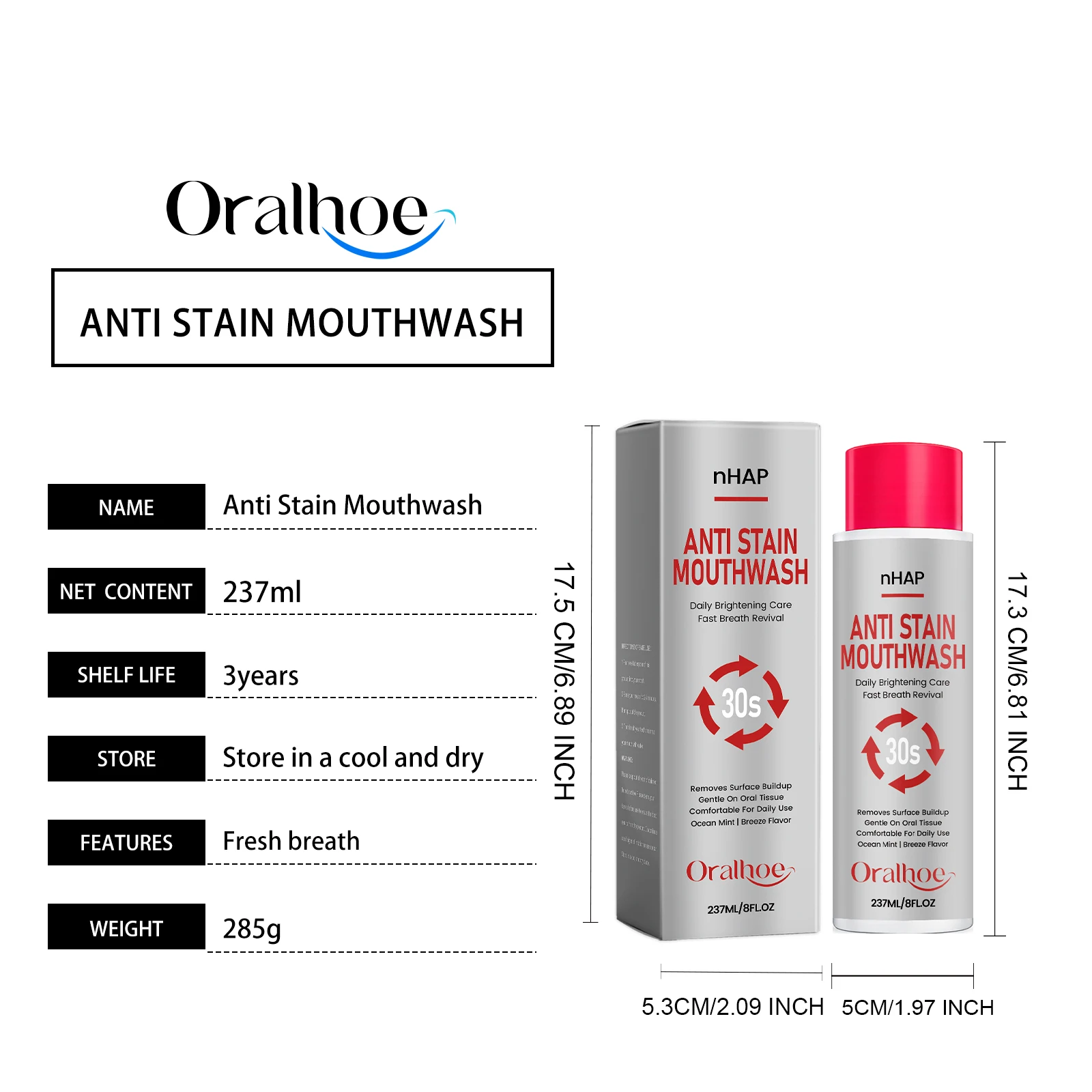 Oralhoe Teeth Whitening Mouthwash Remove Tooth Stains Gentle Mild Cleansing Mouth Long-Lasting Fresh Breath Non-Irritating Menthol Mouthwash