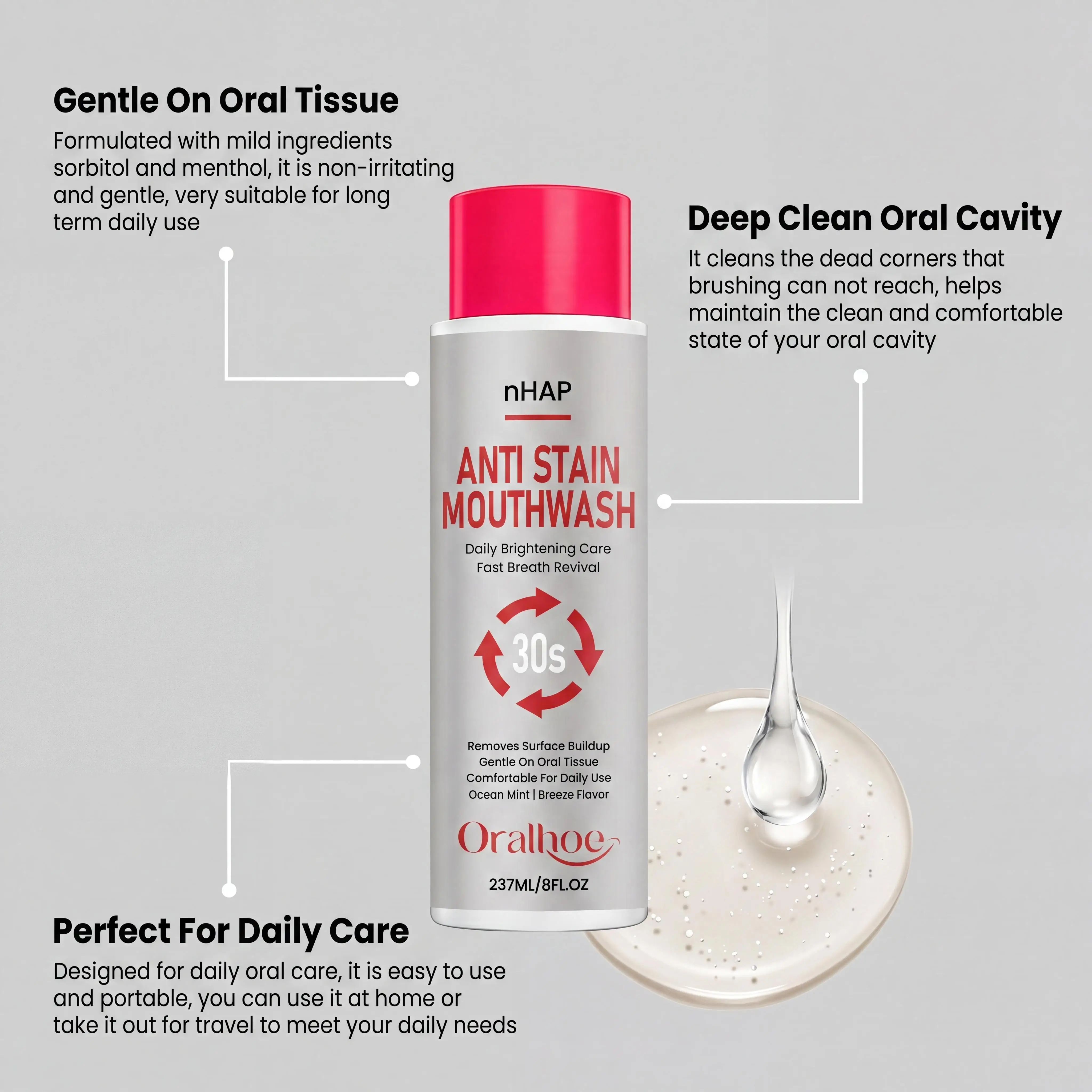 Oralhoe Teeth Whitening Mouthwash Remove Tooth Stains Gentle Mild Cleansing Mouth Long-Lasting Fresh Breath Non-Irritating Menthol Mouthwash