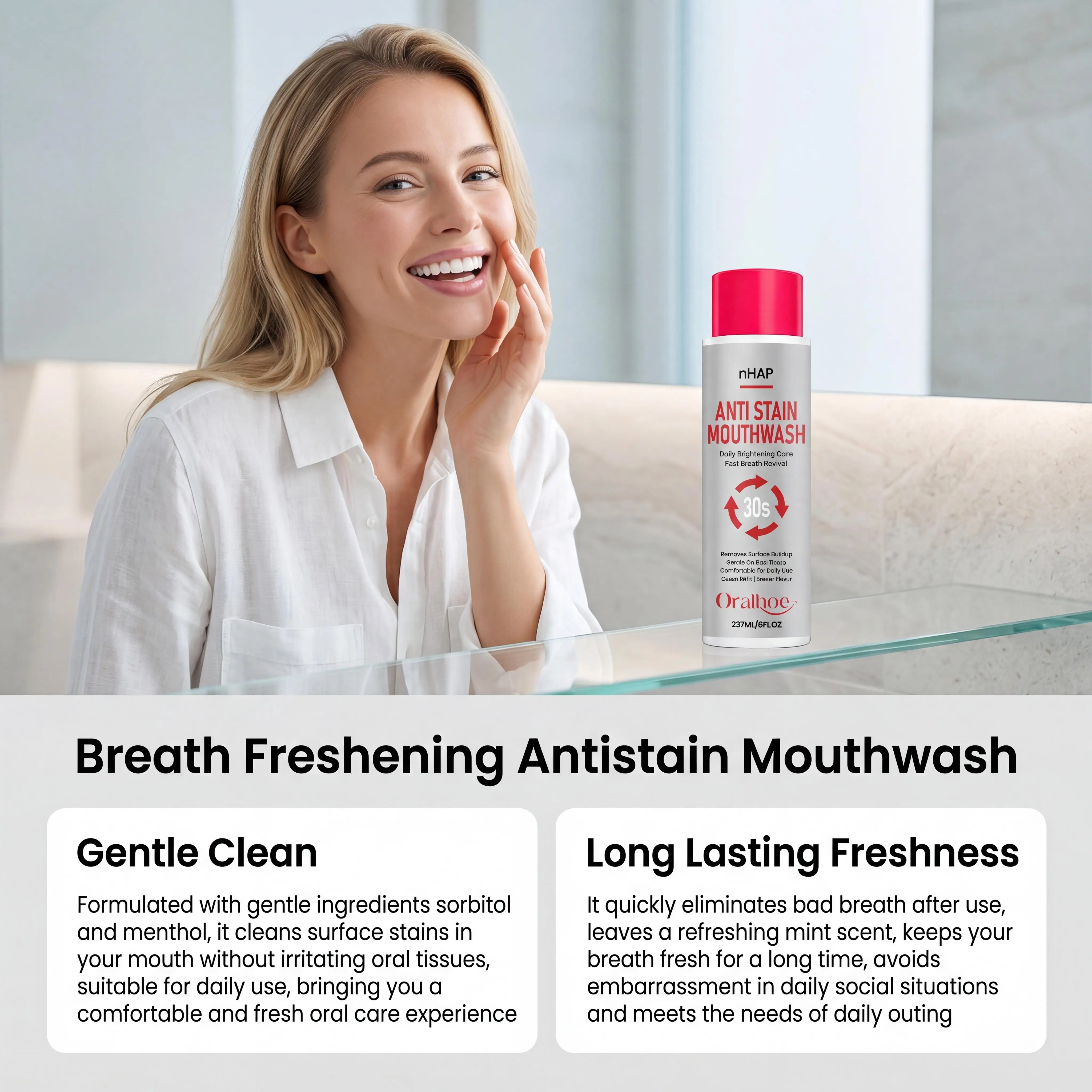 Oralhoe Teeth Whitening Mouthwash Remove Tooth Stains Gentle Mild Cleansing Mouth Long-Lasting Fresh Breath Non-Irritating Menthol Mouthwash