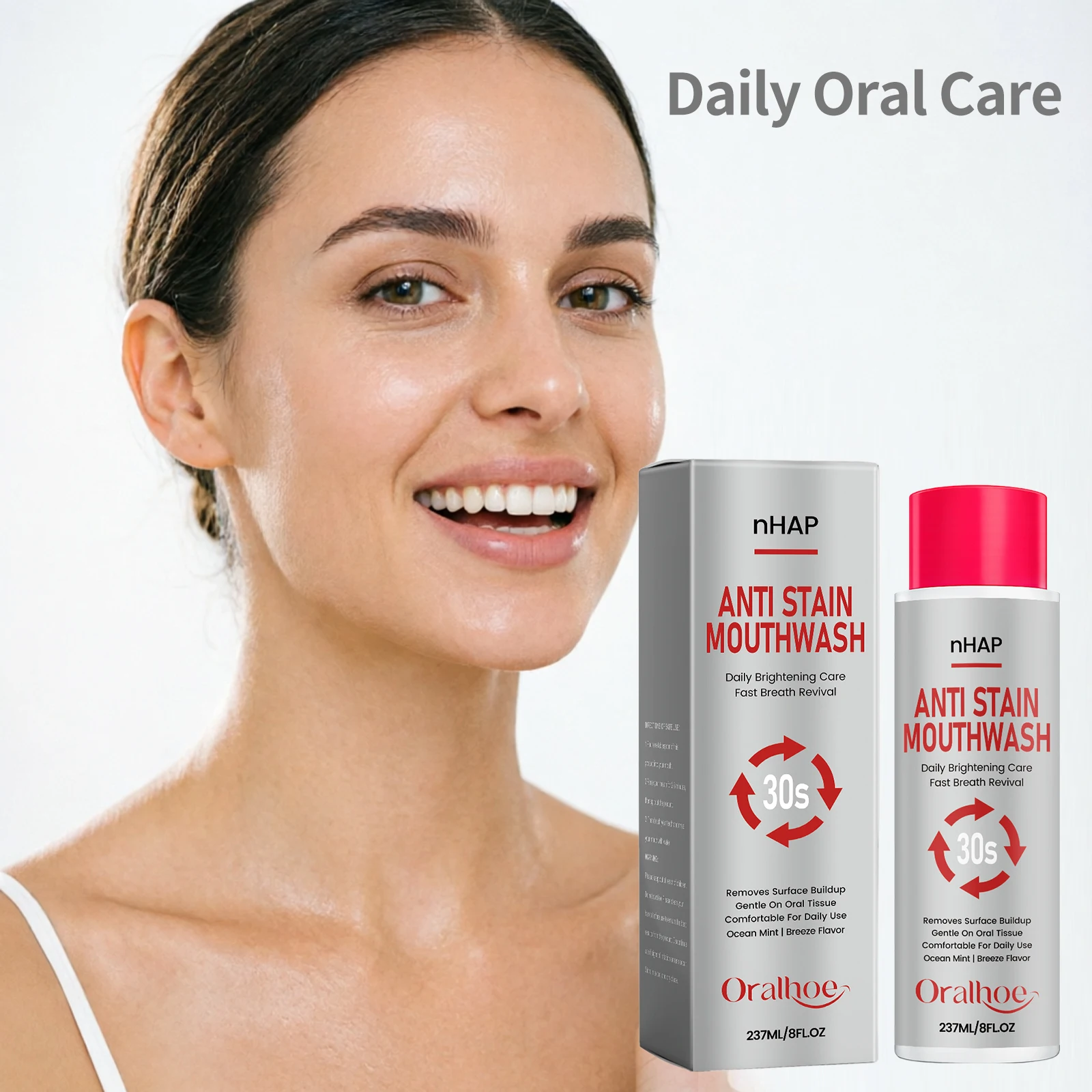 Oralhoe Teeth Whitening Mouthwash Remove Tooth Stains Gentle Mild Cleansing Mouth Long-Lasting Fresh Breath Non-Irritating Menthol Mouthwash