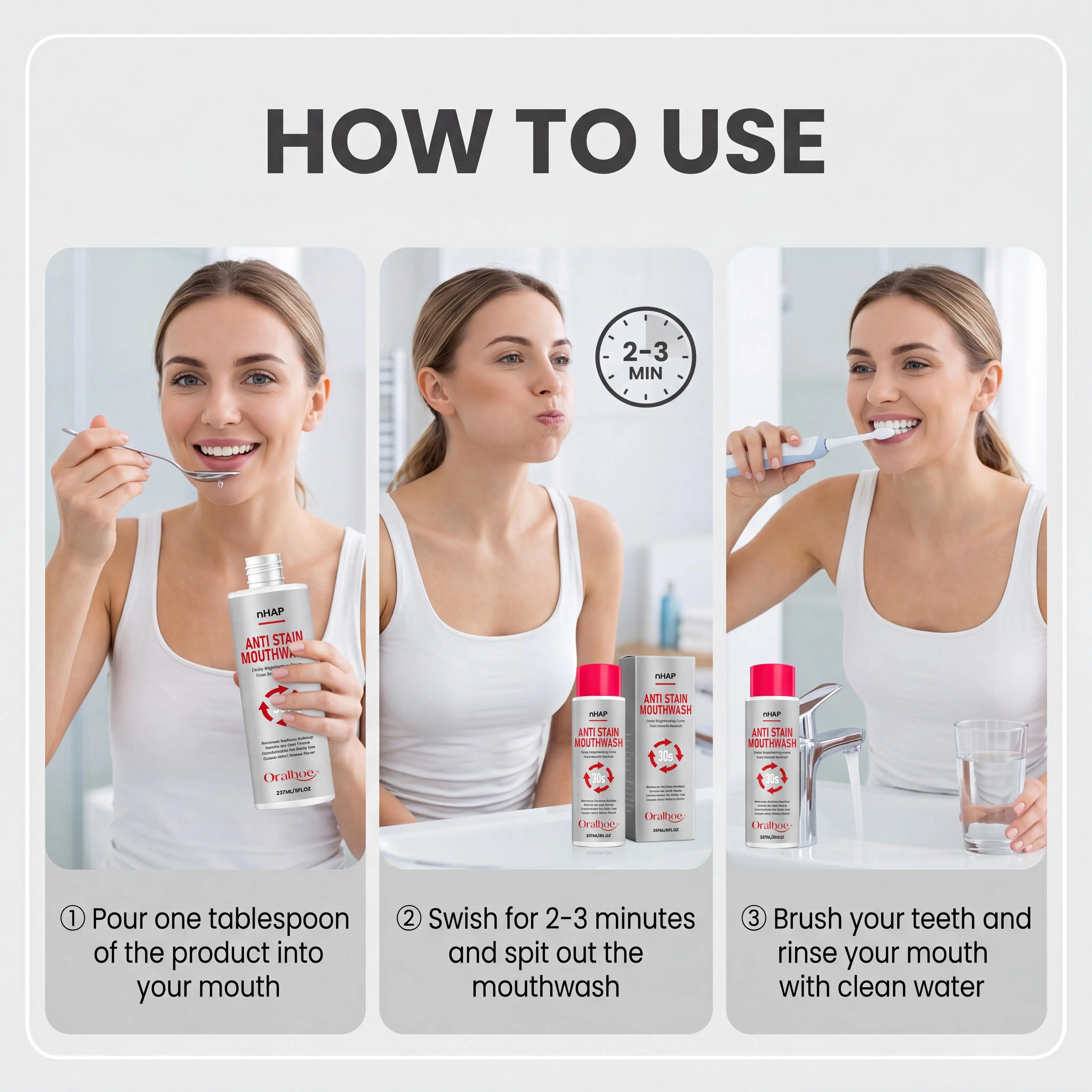 Oralhoe Teeth Whitening Mouthwash Remove Tooth Stains Gentle Mild Cleansing Mouth Long-Lasting Fresh Breath Non-Irritating Menthol Mouthwash