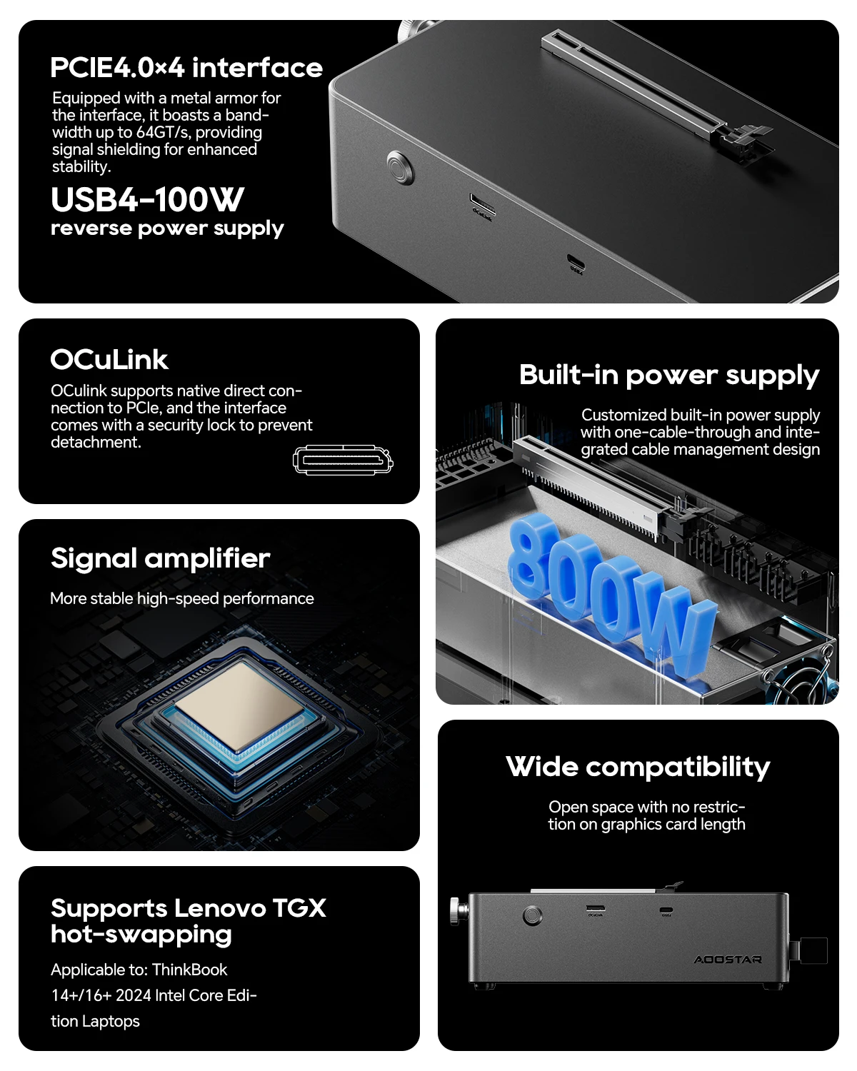AOOSTAR AG02 EGPU Dock with OCulink USB4 Port,Built-in Huntkey 800W Power Supply, Supports TGX interface hot-swap