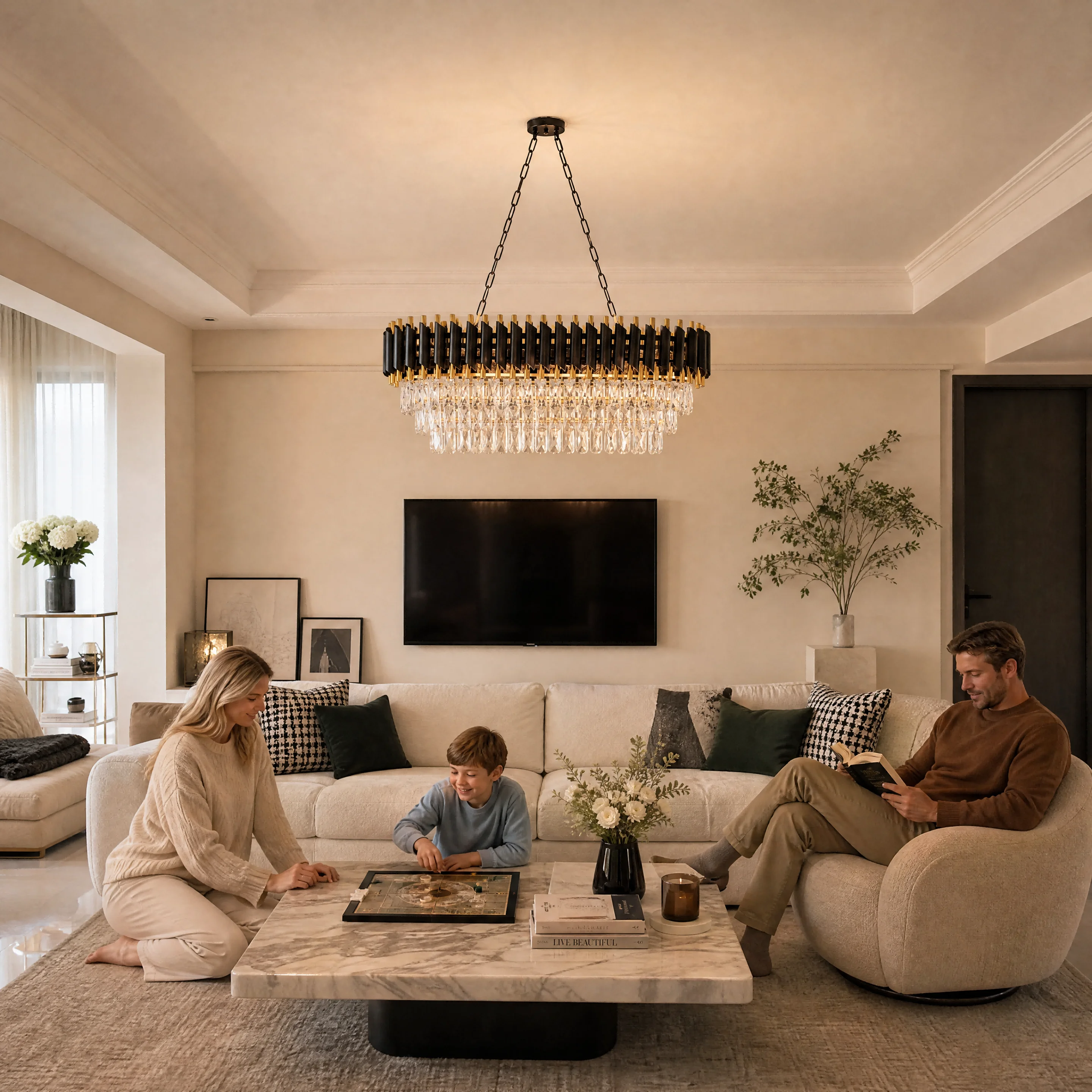 Modern Black & Gold Crystal Chandelier, 3-Tier K9 Oval Crystal Chandelier for Kitchen Island/Living Room/Bedroom/Dining Room