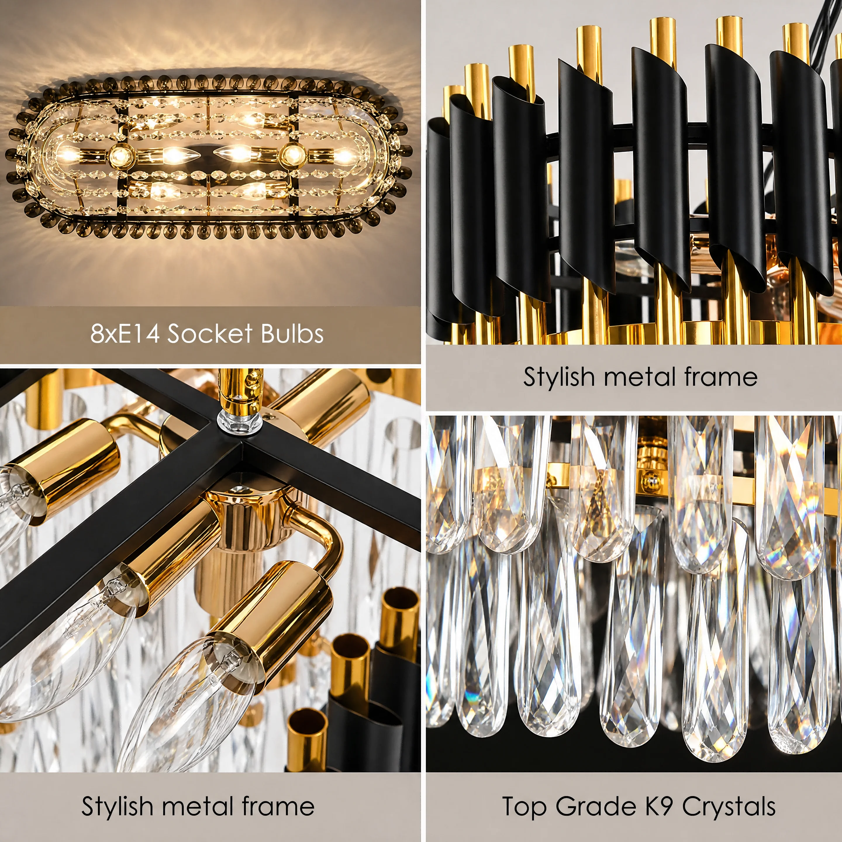 Modern Black & Gold Crystal Chandelier, 3-Tier K9 Oval Crystal Chandelier for Kitchen Island/Living Room/Bedroom/Dining Room