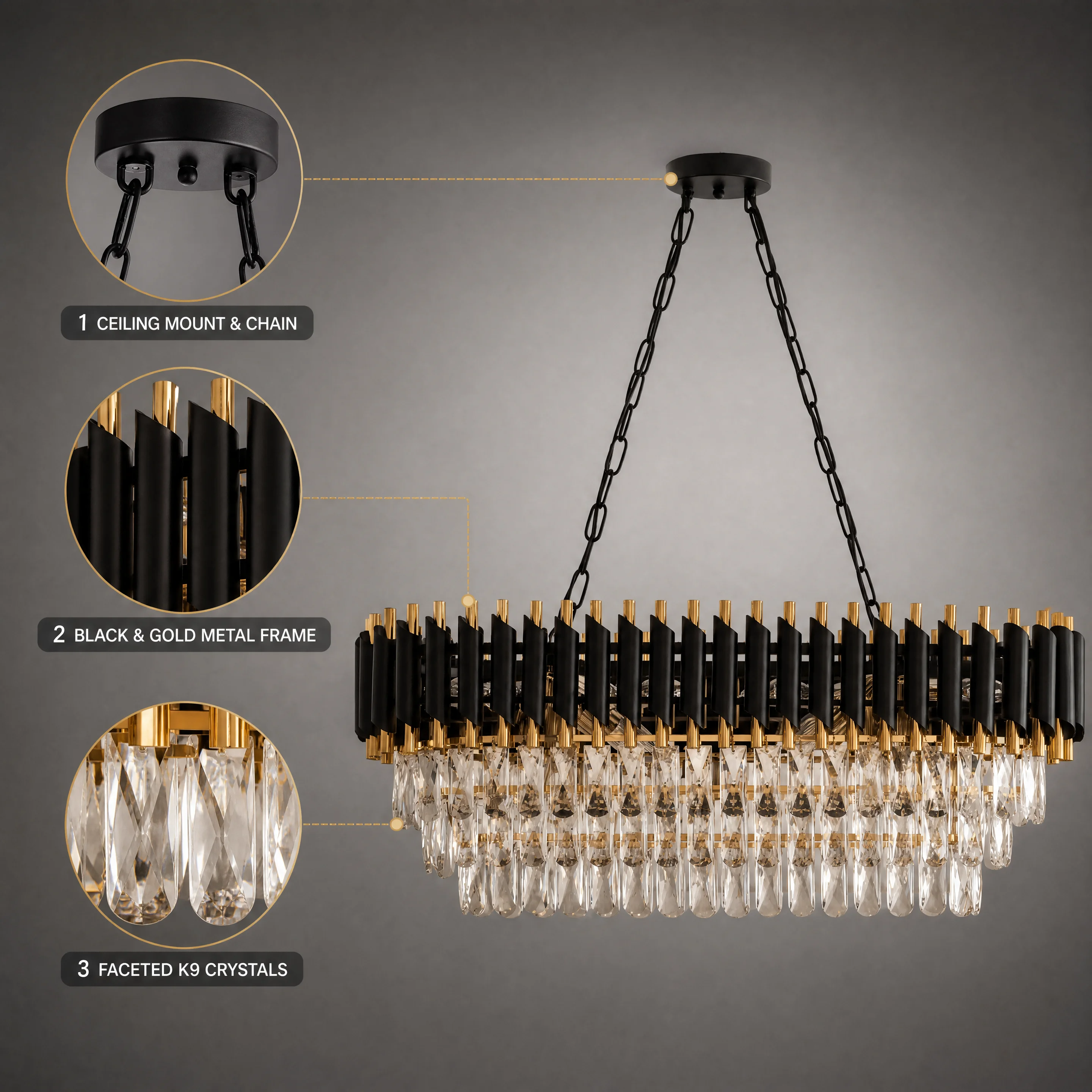Modern Black & Gold Crystal Chandelier, 3-Tier K9 Oval Crystal Chandelier for Kitchen Island/Living Room/Bedroom/Dining Room