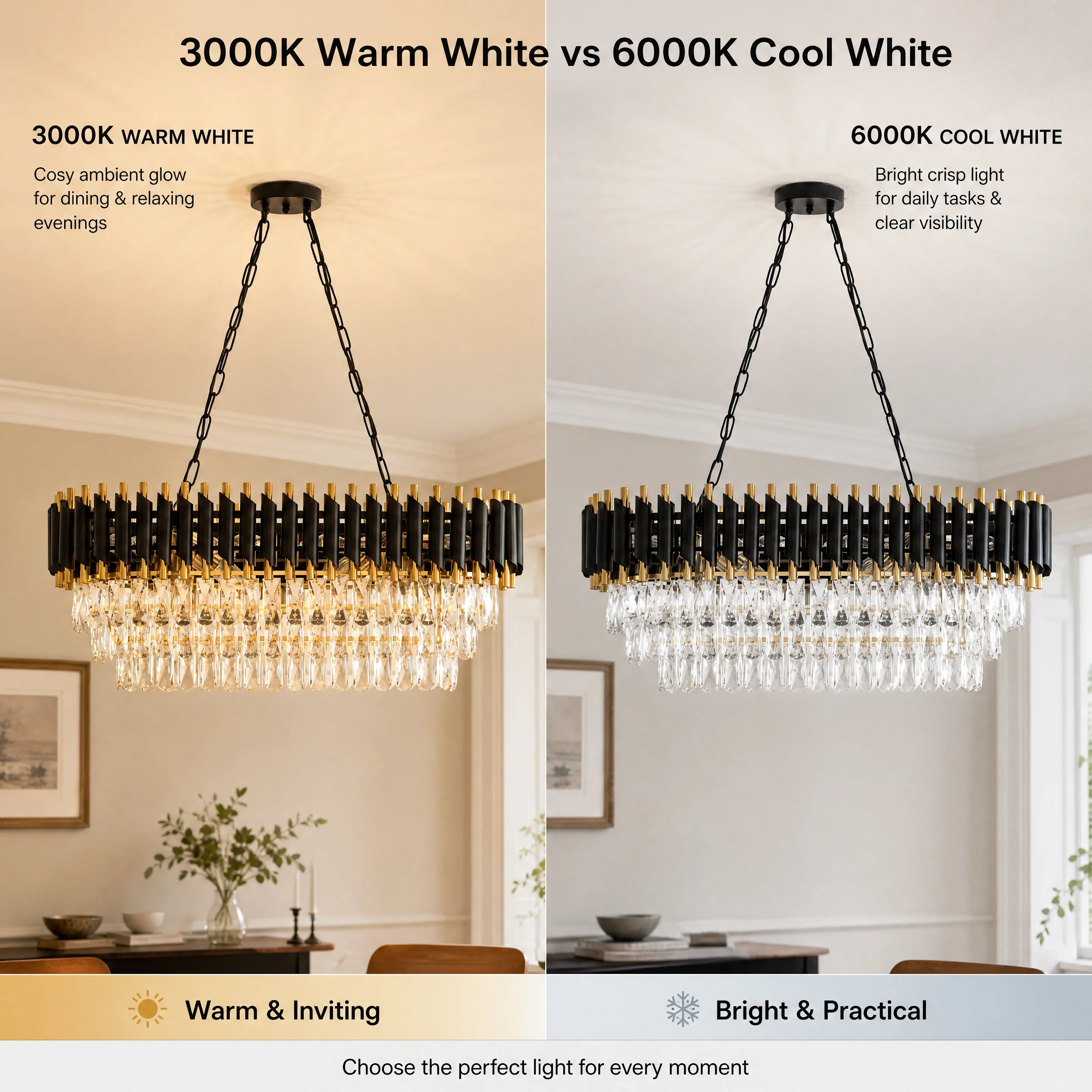 Modern Black & Gold Crystal Chandelier, 3-Tier K9 Oval Crystal Chandelier for Kitchen Island/Living Room/Bedroom/Dining Room