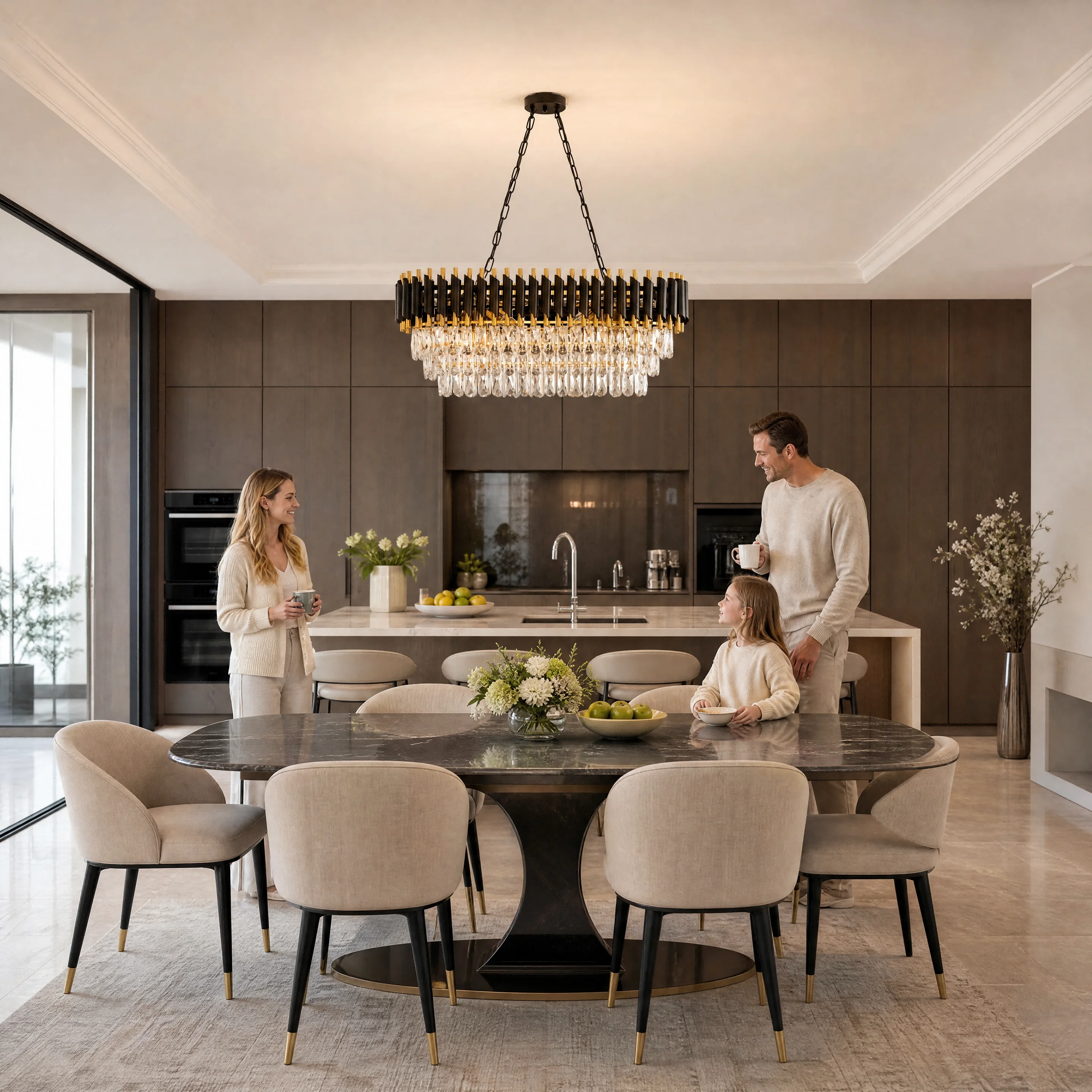 Modern Black & Gold Crystal Chandelier, 3-Tier K9 Oval Crystal Chandelier for Kitchen Island/Living Room/Bedroom/Dining Room