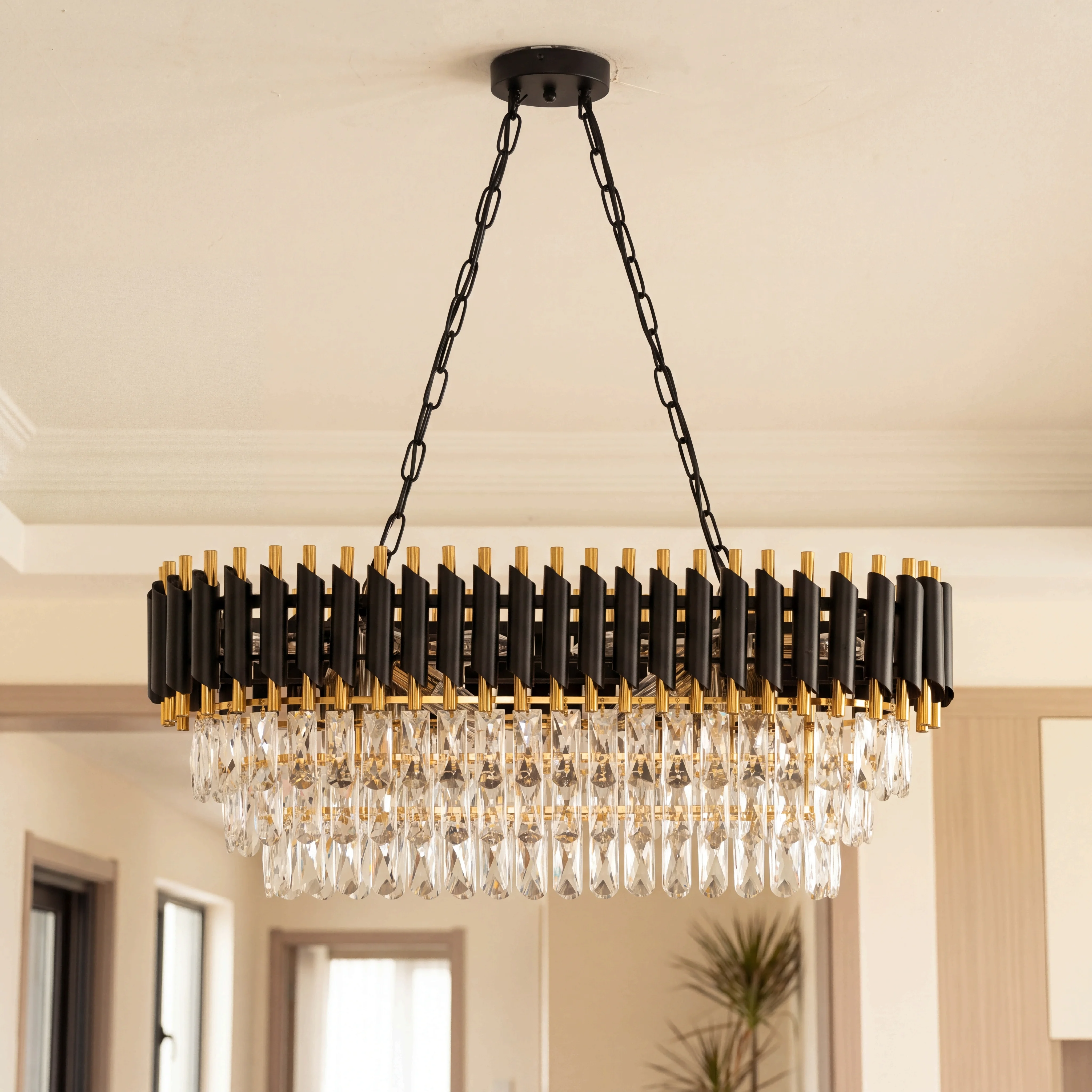 Modern Black & Gold Crystal Chandelier, 3-Tier K9 Oval Crystal Chandelier for Kitchen Island/Living Room/Bedroom/Dining Room