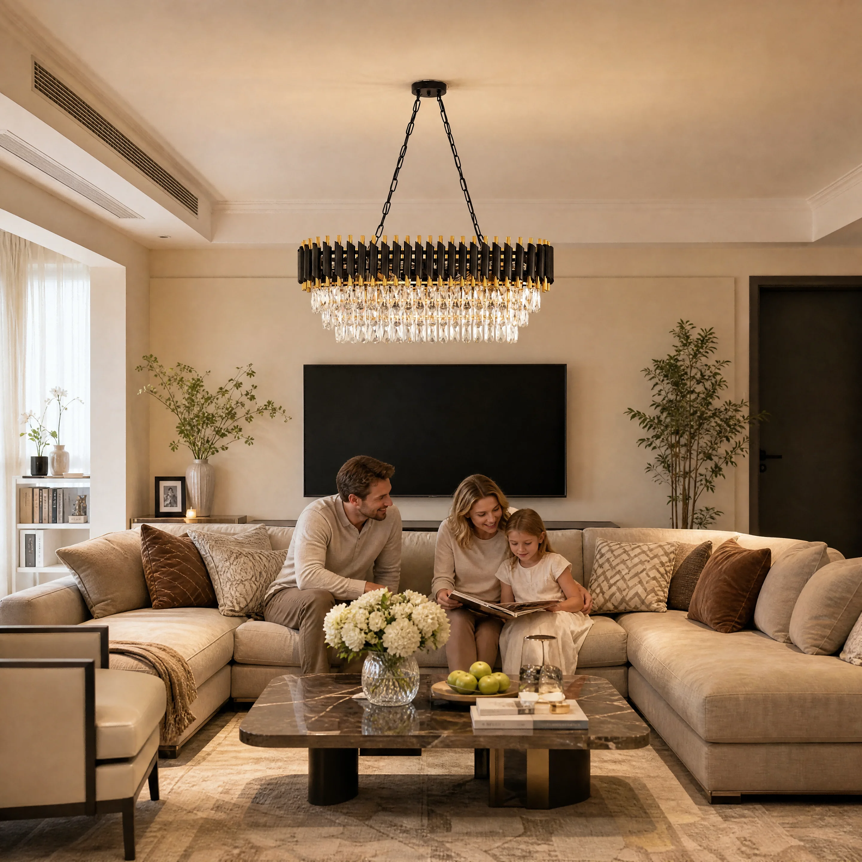 Modern Black & Gold Crystal Chandelier, 3-Tier K9 Oval Crystal Chandelier for Kitchen Island/Living Room/Bedroom/Dining Room