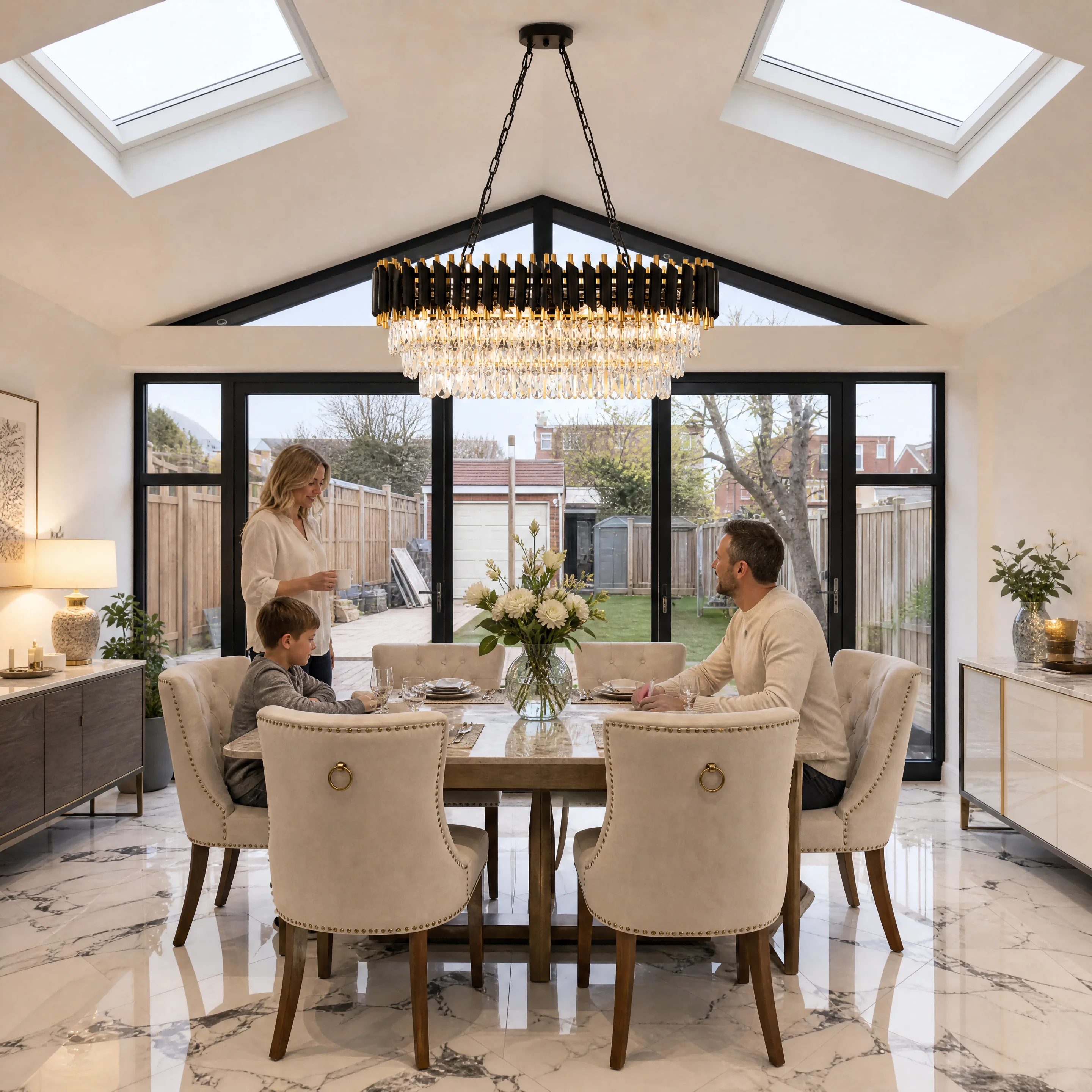 Modern Black & Gold Crystal Chandelier, 3-Tier K9 Oval Crystal Chandelier for Kitchen Island/Living Room/Bedroom/Dining Room