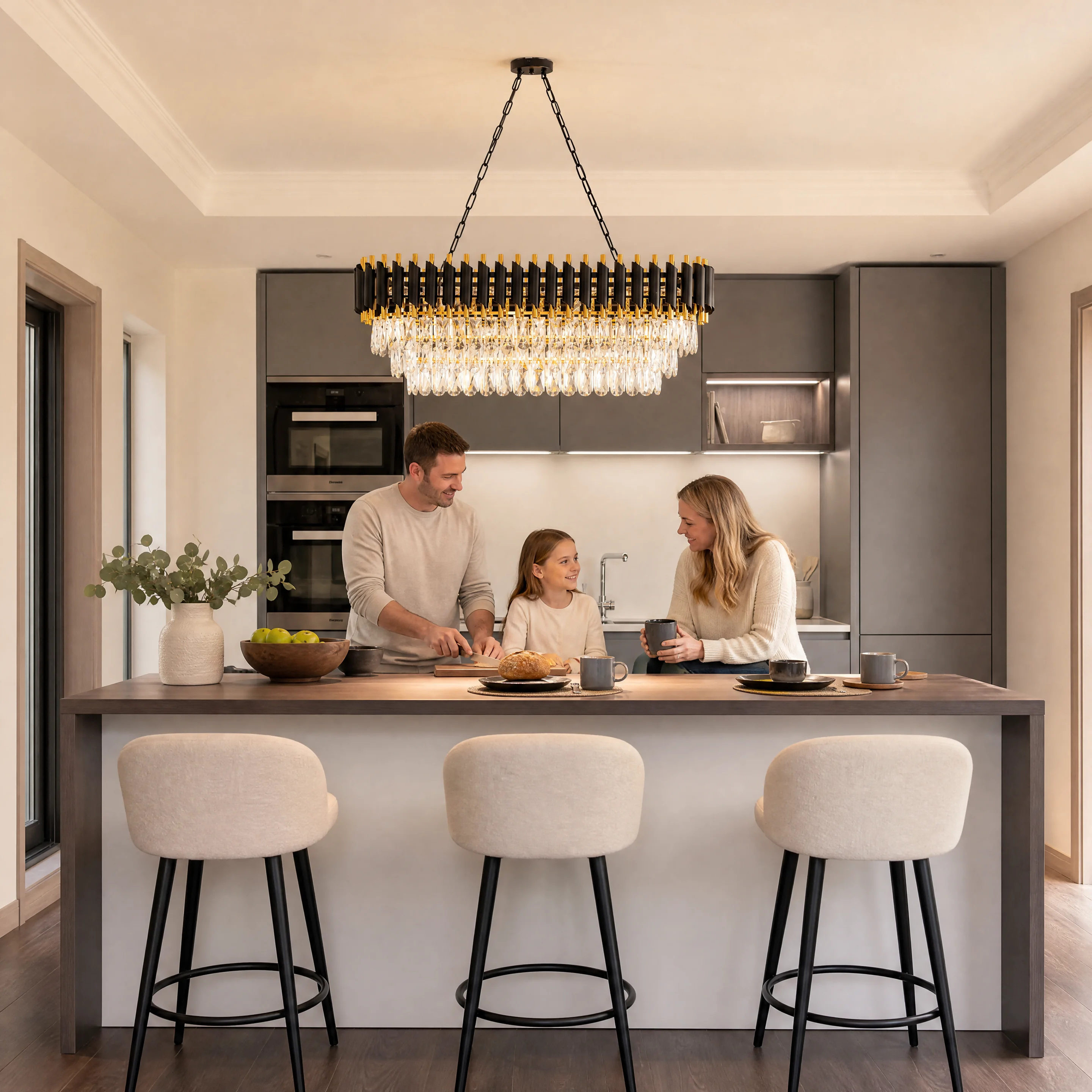 Modern Black & Gold Crystal Chandelier, 3-Tier K9 Oval Crystal Chandelier for Kitchen Island/Living Room/Bedroom/Dining Room
