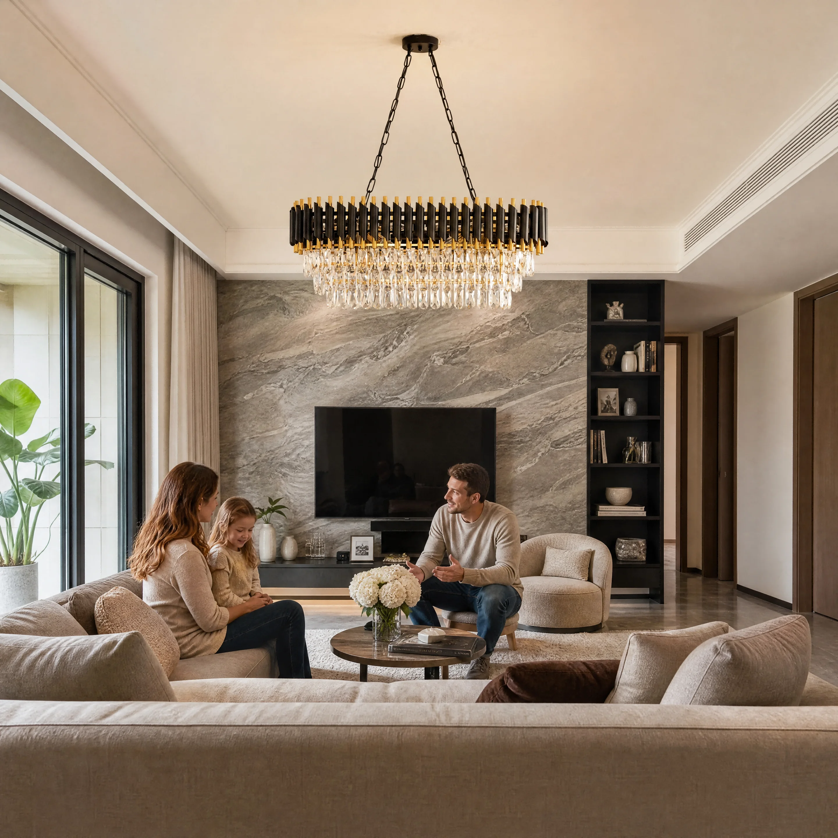 Modern Black & Gold Crystal Chandelier, 3-Tier K9 Oval Crystal Chandelier for Kitchen Island/Living Room/Bedroom/Dining Room