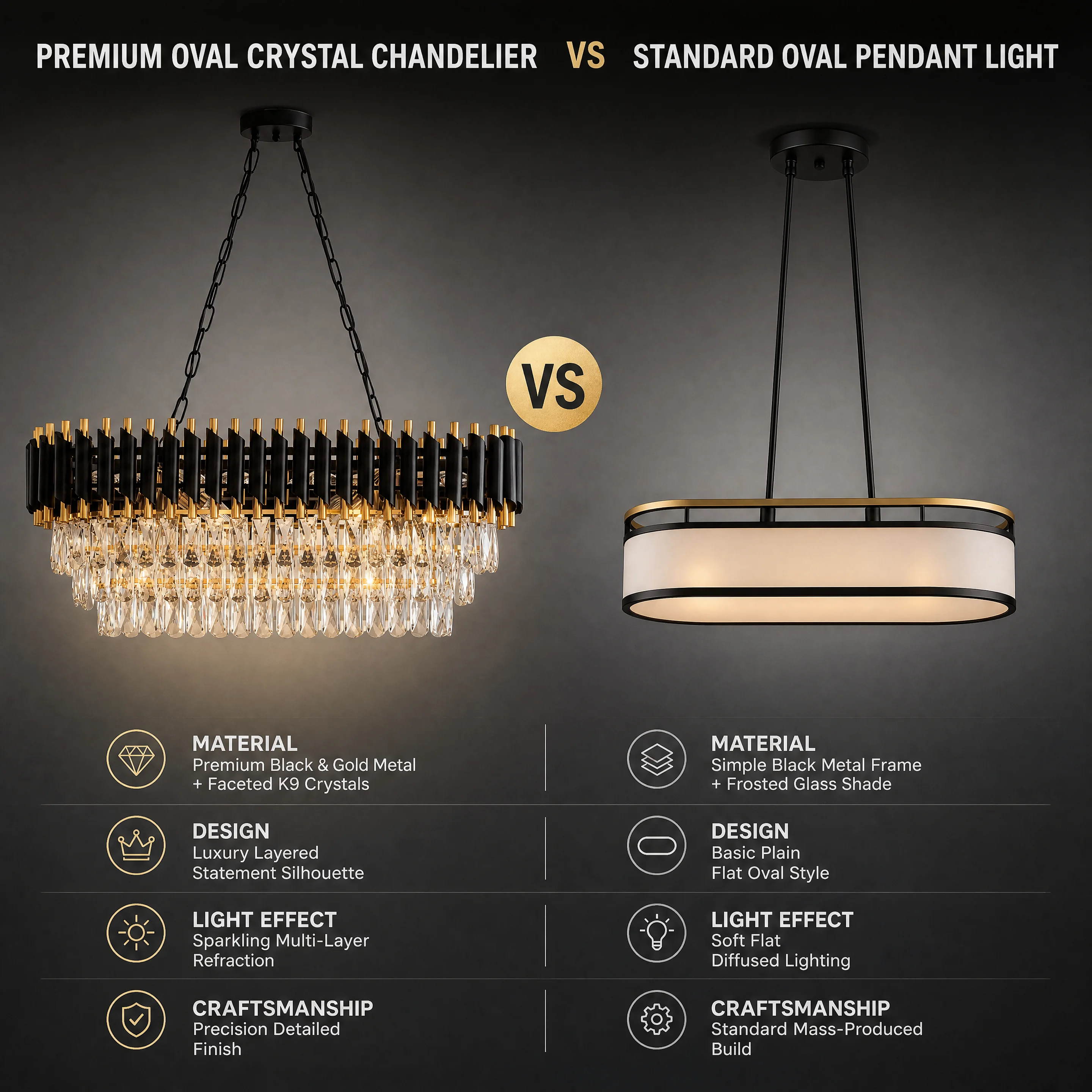 Modern Black & Gold Crystal Chandelier, 3-Tier K9 Oval Crystal Chandelier for Kitchen Island/Living Room/Bedroom/Dining Room
