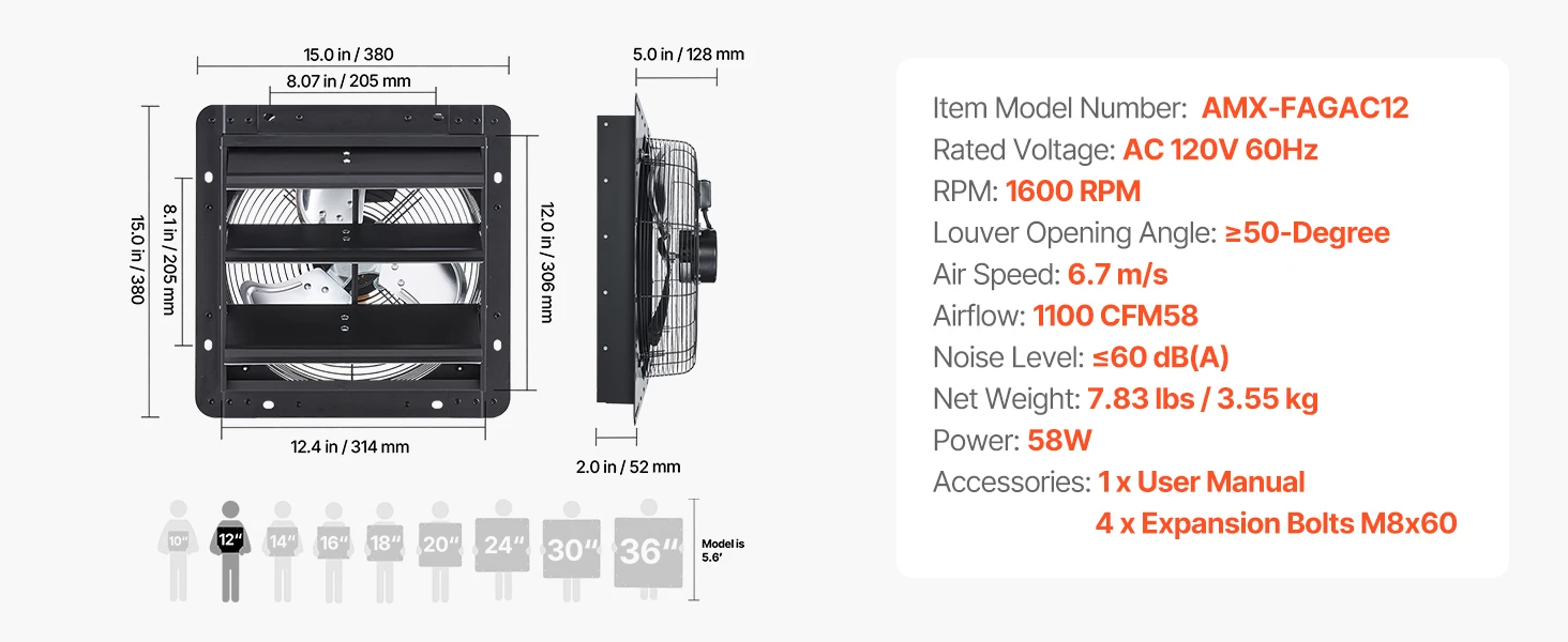 SucceBuy 10/12/14/18 inch Shutter Exhaust Fan Wall Mounted Attic Vent Fan with Variable Speed Controller AC Motor for Greenhouse