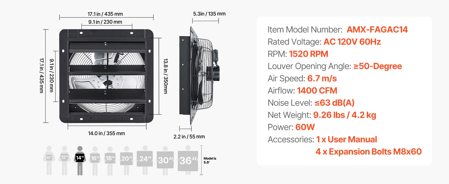 SucceBuy 10/12/14/18 inch Shutter Exhaust Fan Wall Mounted Attic Vent Fan with Variable Speed Controller AC Motor for Greenhouse