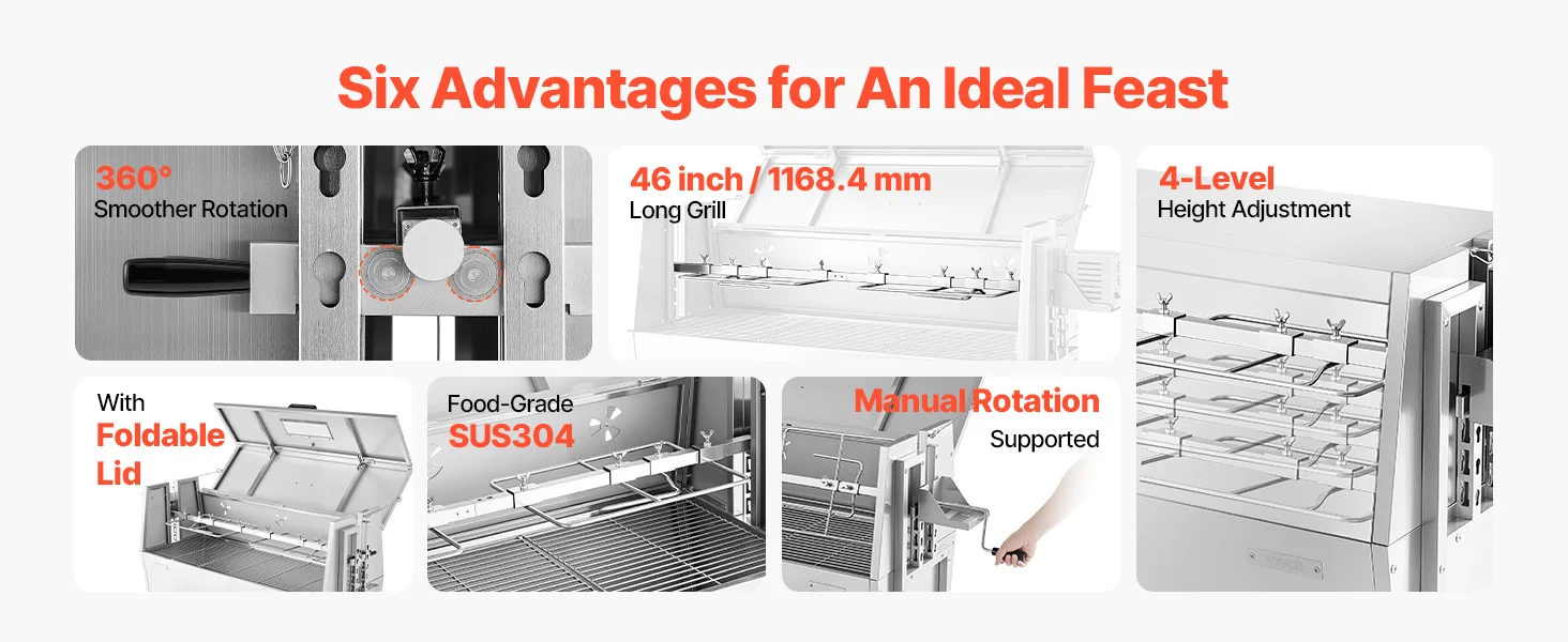 SucceBuy 46/52inch Rotisserie Grill Stainless Steel Rotisserie Grill Kit BBQ Outdoor Pig & Lamb Spit Roaster Charcoal Spit Roast