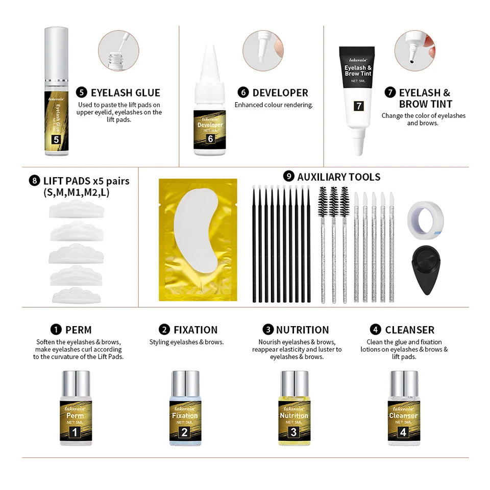 Lash and Brow Lift and Tint Kit Eyelash Perm Salon or Home Use Long Lasting Lakerain Cosmetics Makeup Ues for Salon Home