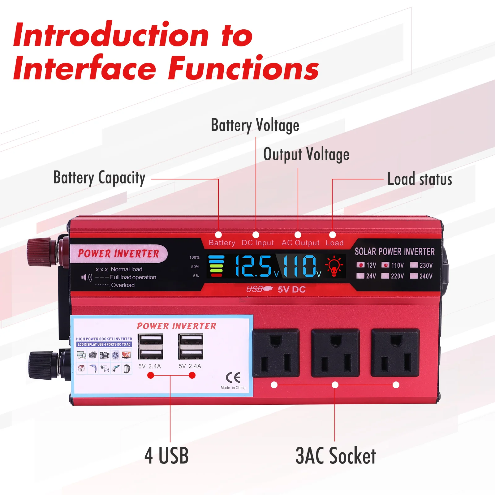 5000W Car Power Inverter Pure Sine Wave DC 12V To AC 110V Converter LCD Screen Display Portable Household