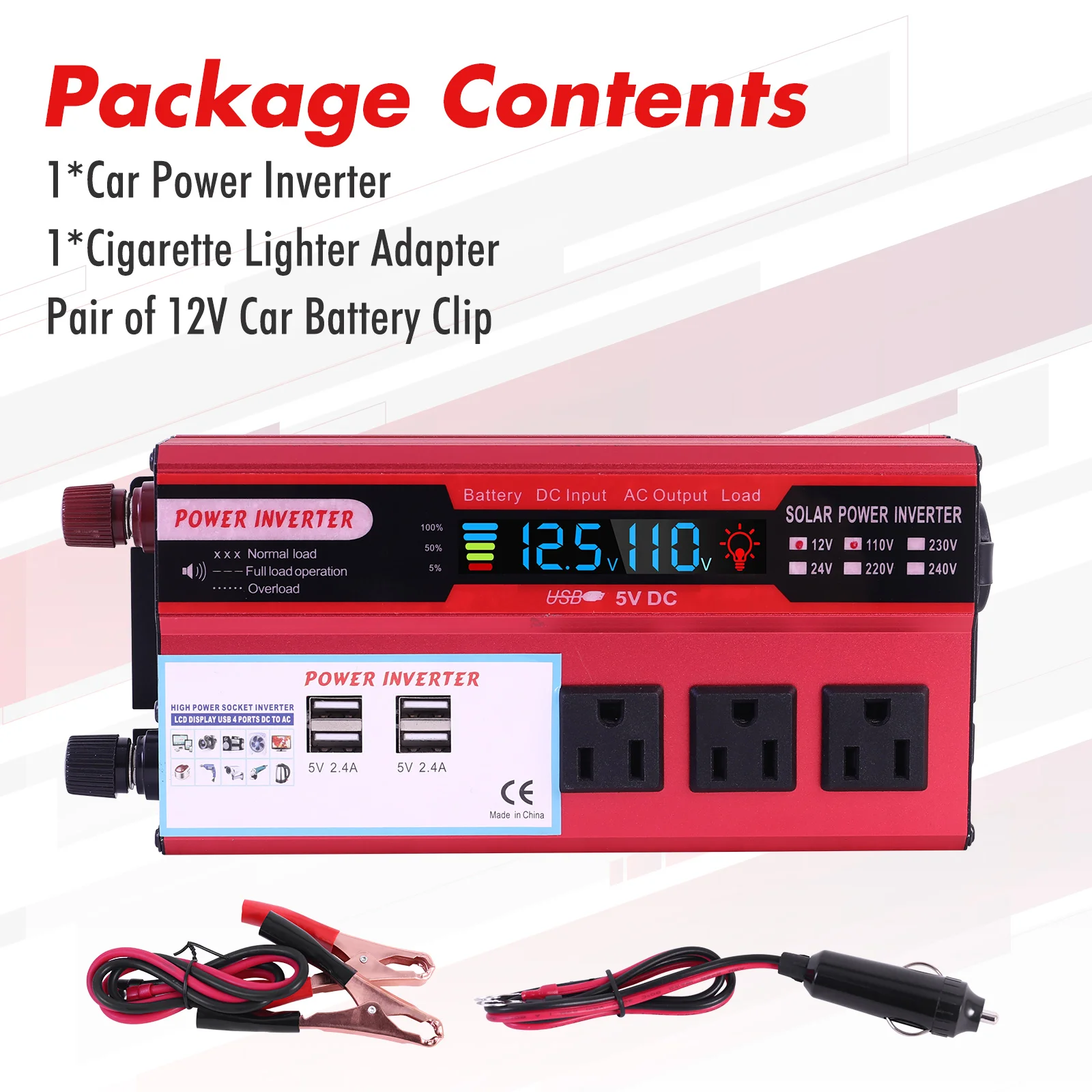 5000W Car Power Inverter Pure Sine Wave DC 12V To AC 110V Converter LCD Screen Display Portable Household