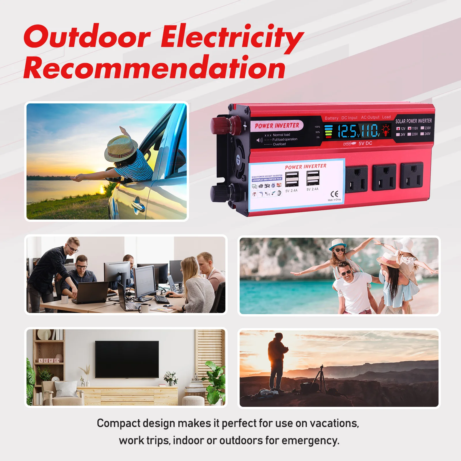 5000W Car Power Inverter Pure Sine Wave DC 12V To AC 110V Converter LCD Screen Display Portable Household