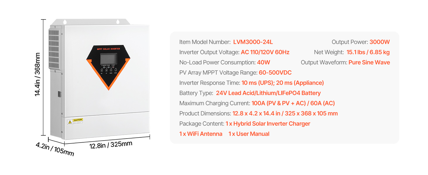 SucceBuy Hybrid Solar Inverter 3000W All in One Pure Sine Wave Charger, Built-in 100A MPPT Solar Controller for Off-Grid System