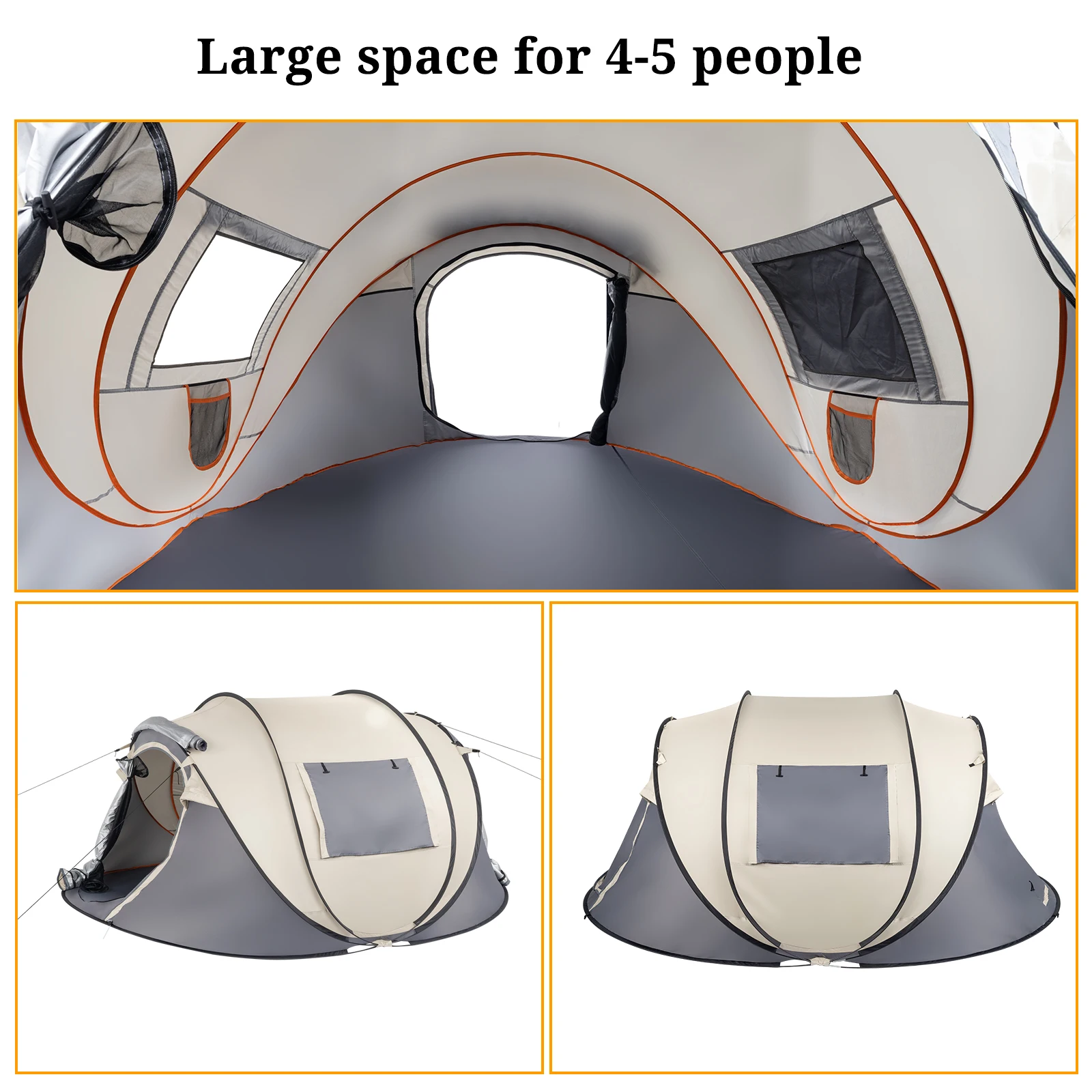 4 Person Pop Up Tent Instant Setup Family Camping Portable Waterproof 190T Polyester Fiberglass Poles with Vestibule Khaki