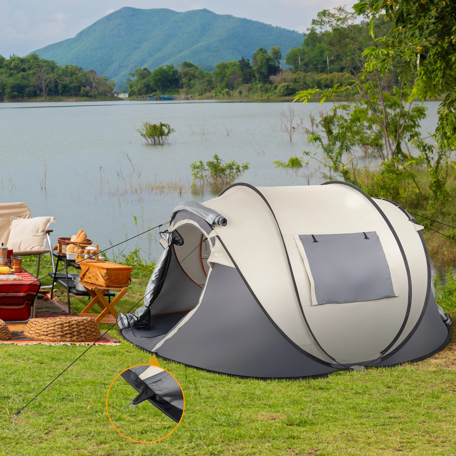 4 Person Pop Up Tent Instant Setup Family Camping Portable Waterproof 190T Polyester Fiberglass Poles with Vestibule Khaki