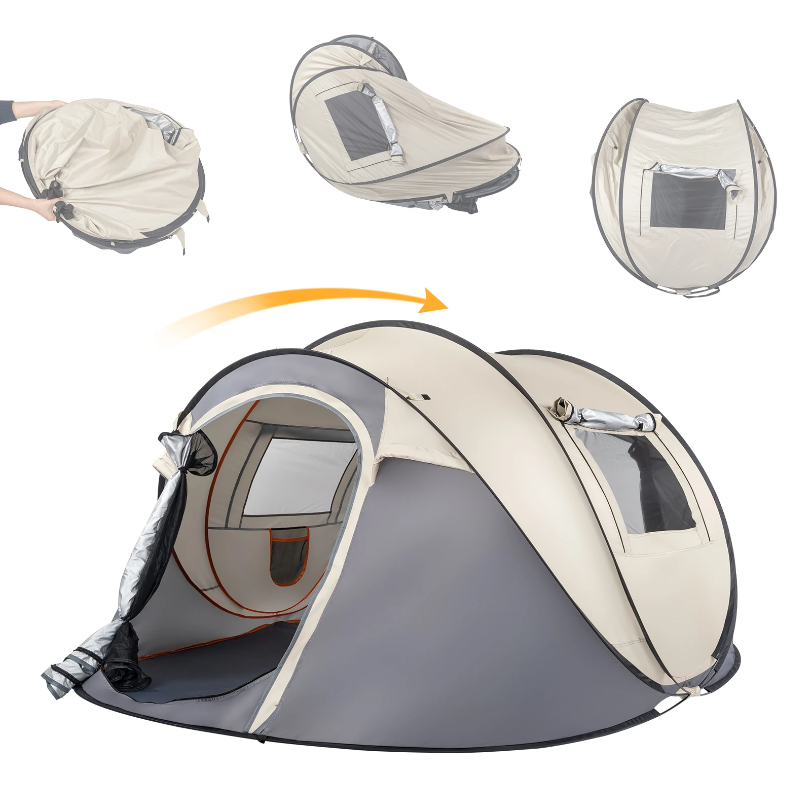 4 Person Pop Up Tent Instant Setup Family Camping Portable Waterproof 190T Polyester Fiberglass Poles with Vestibule Khaki