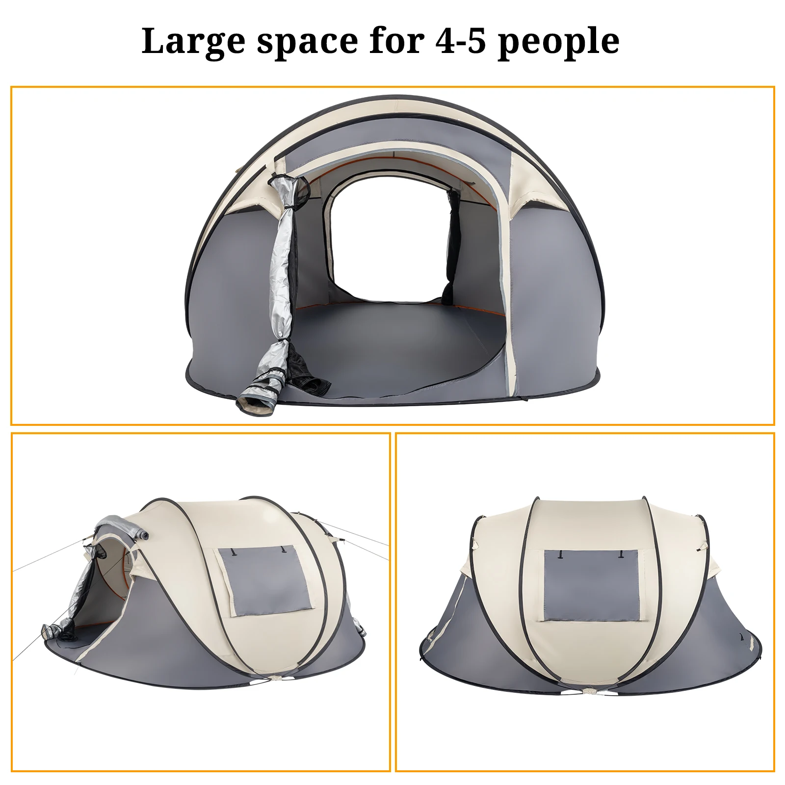 4 Person Pop Up Tent Instant Setup Family Camping Portable Waterproof 190T Polyester Fiberglass Poles with Vestibule Khaki