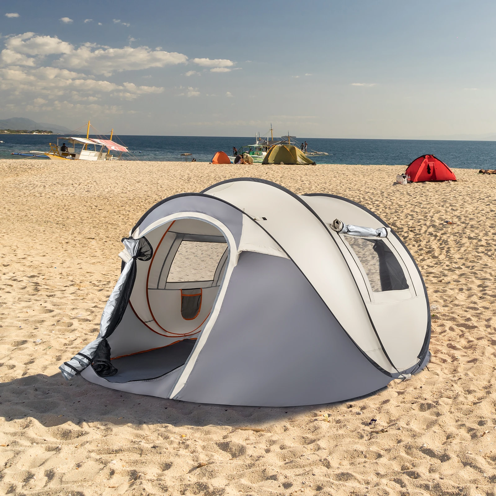 4 Person Pop Up Tent Instant Setup Family Camping Portable Waterproof 190T Polyester Fiberglass Poles with Vestibule Khaki